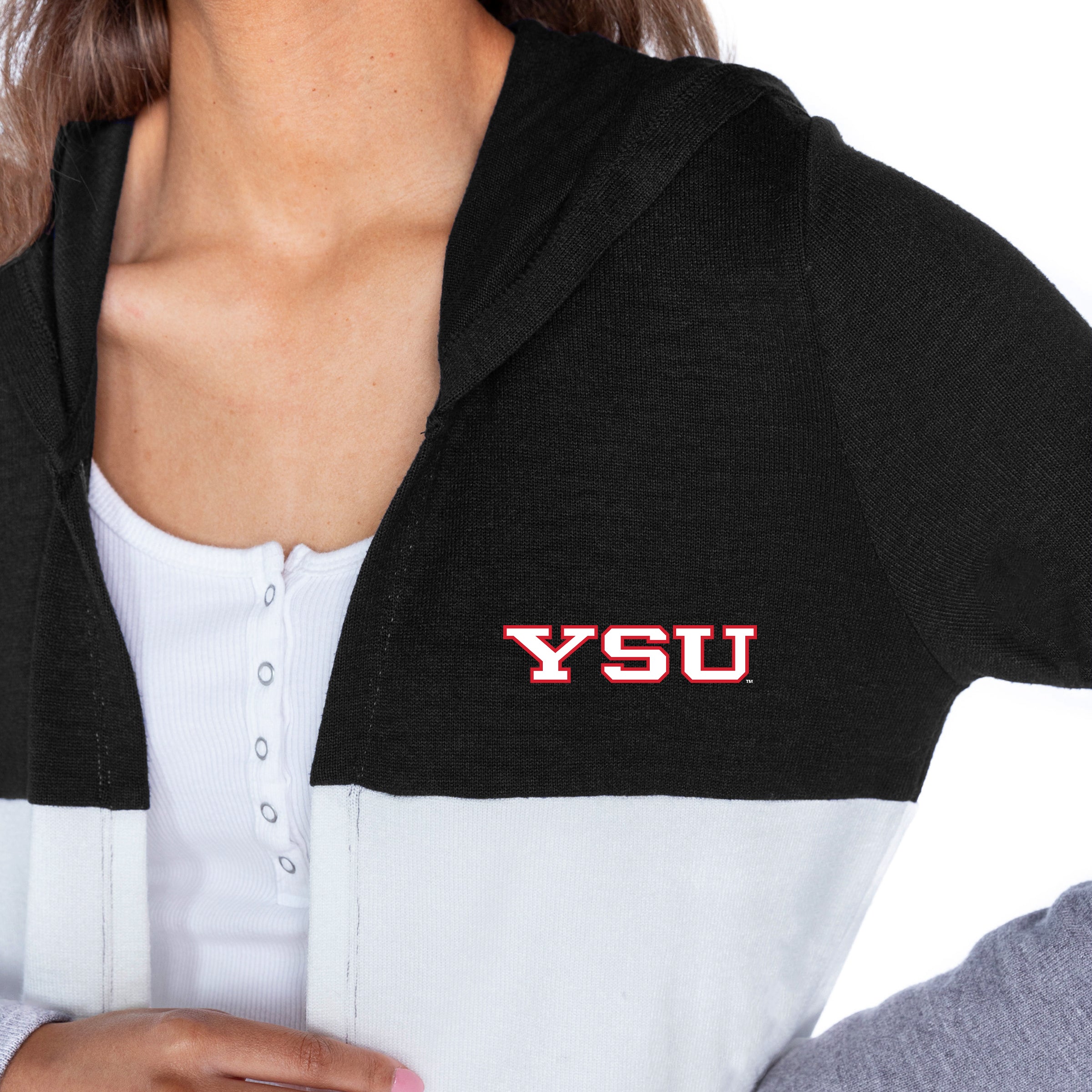 YOUNGSTOWN STATE PENGUINS INSIGNIA WOMEN'S LIGHTWEIGHT LONG SLEEVE HOODED CARDIGAN WITH OPEN FRONT AND BOLD COLORBLOCK DETAIL
