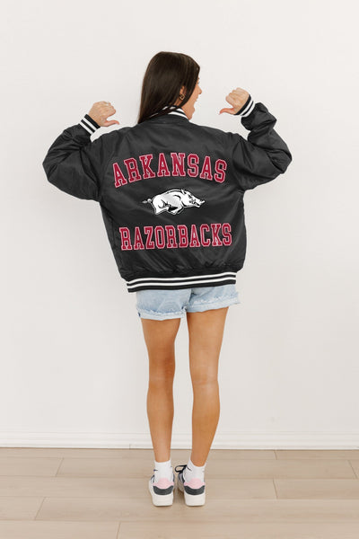 ARKANSAS RAZORBACKS CHAMPION'S CLUB SPORT STRIPE VARSITY JACKET BY MADI PREWETT TROUTT