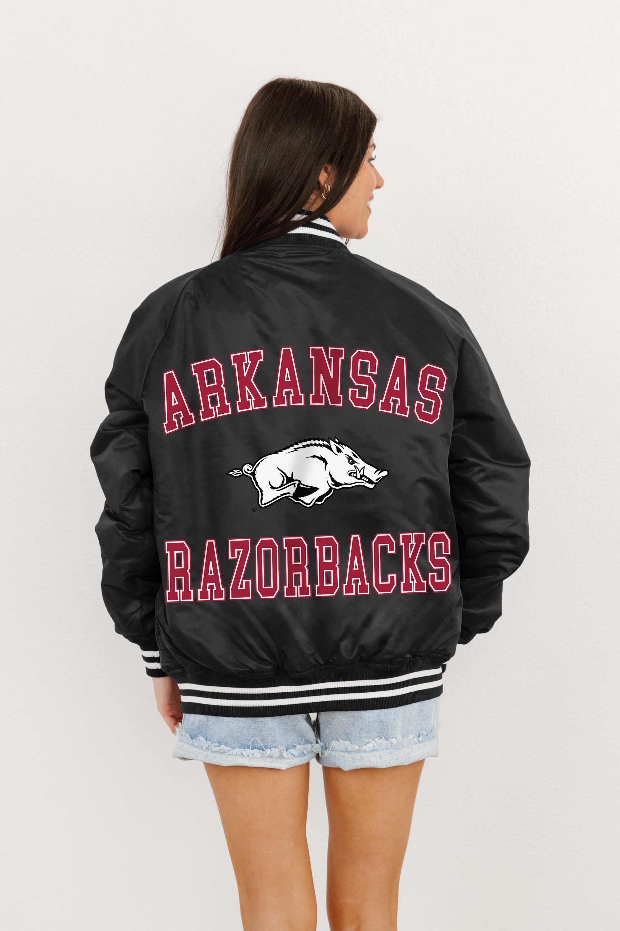 ARKANSAS RAZORBACKS Champion's Club Striped Varsity Jacket By Madi