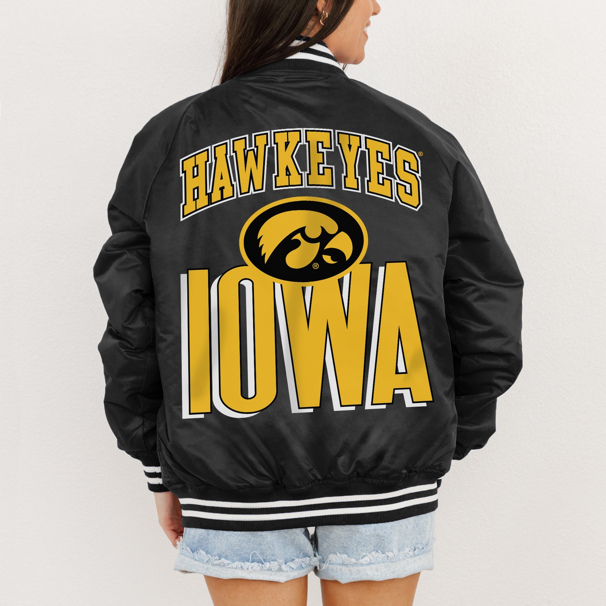 IOWA HAWKEYES FIERCE FOCUS SPORT STRIPE VARSITY JACKET