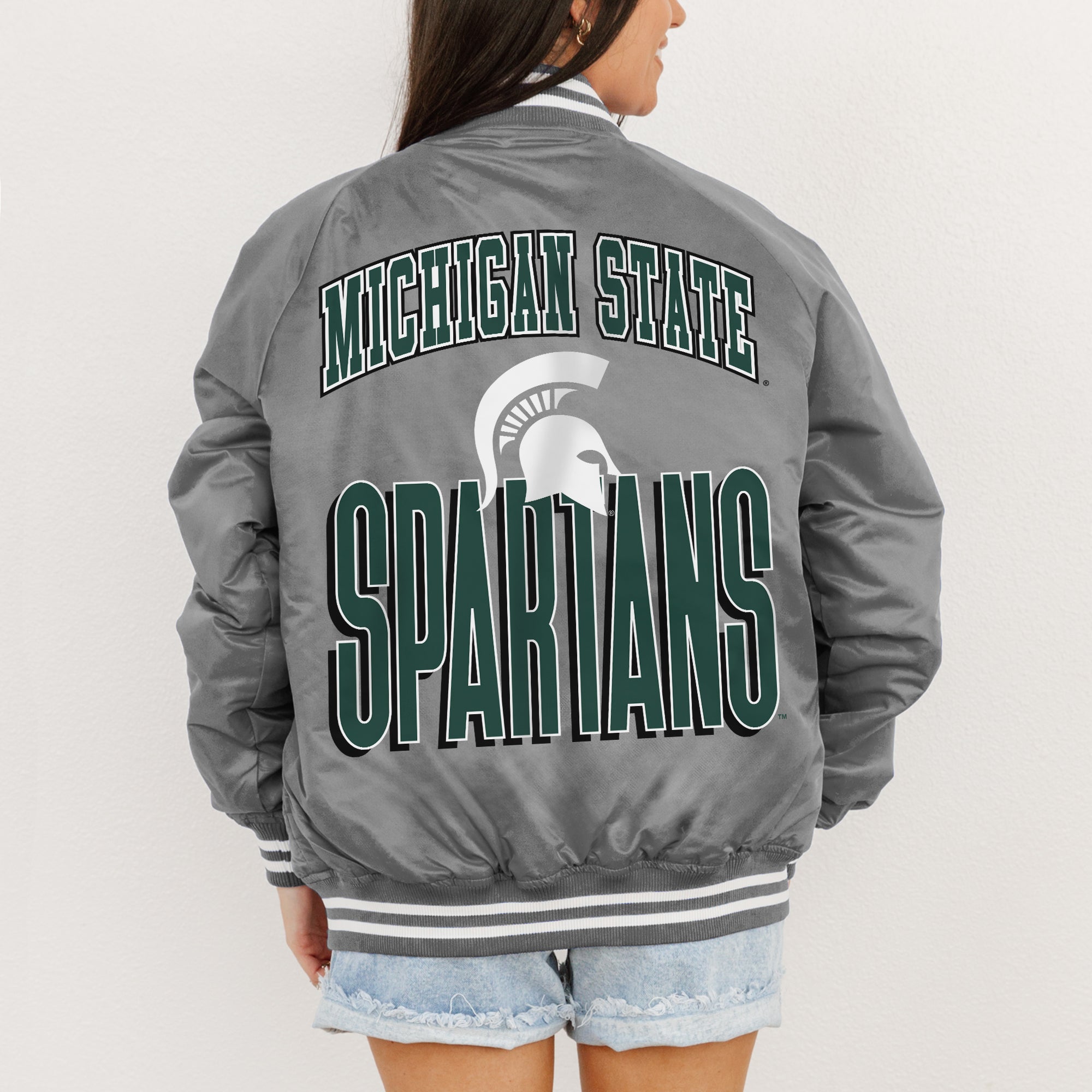MICHIGAN STATE SPARTANS FIERCE FOCUS SPORT STRIPE VARSITY JACKET