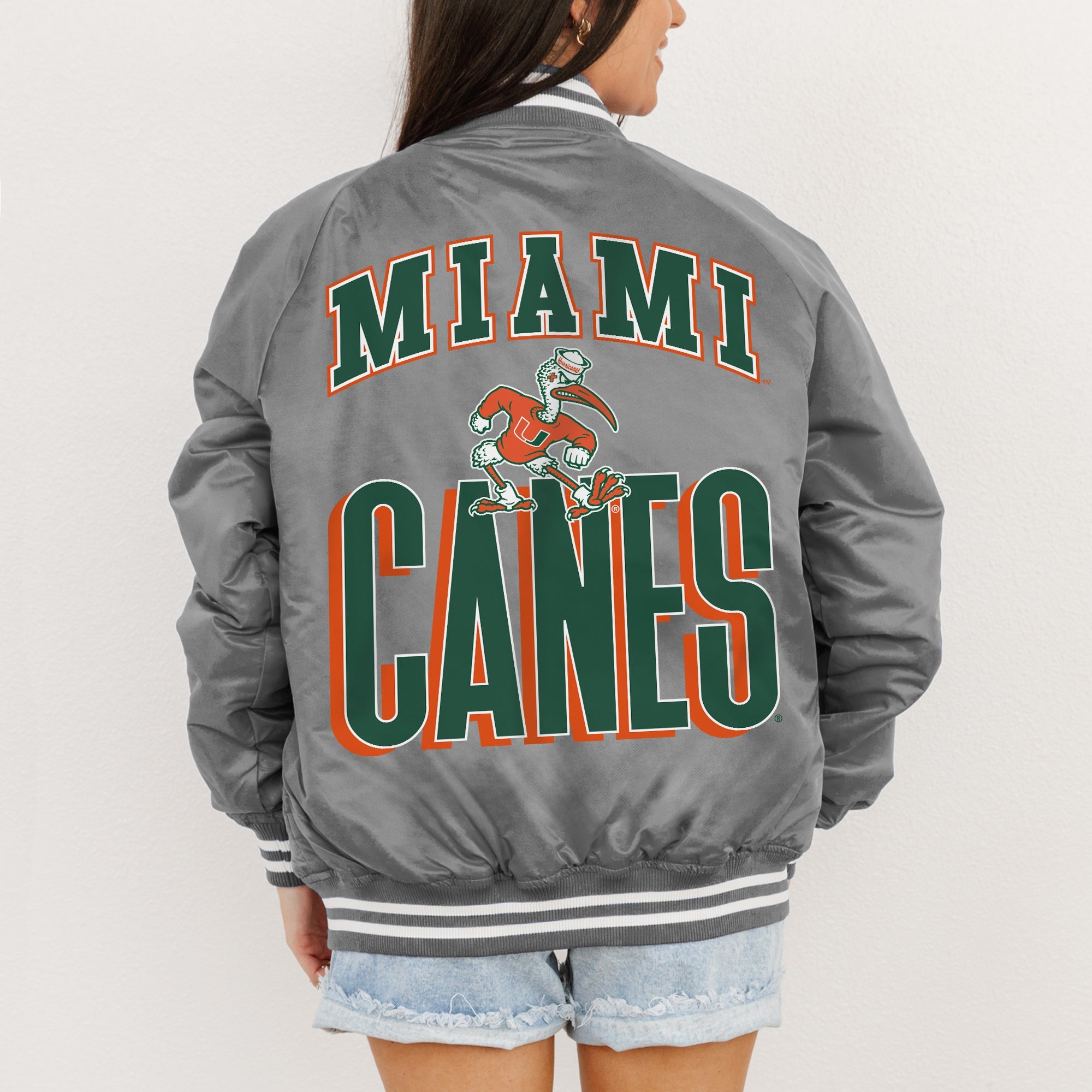 MIAMI HURRICANES FIERCE FOCUS SPORT STRIPE VARSITY JACKET