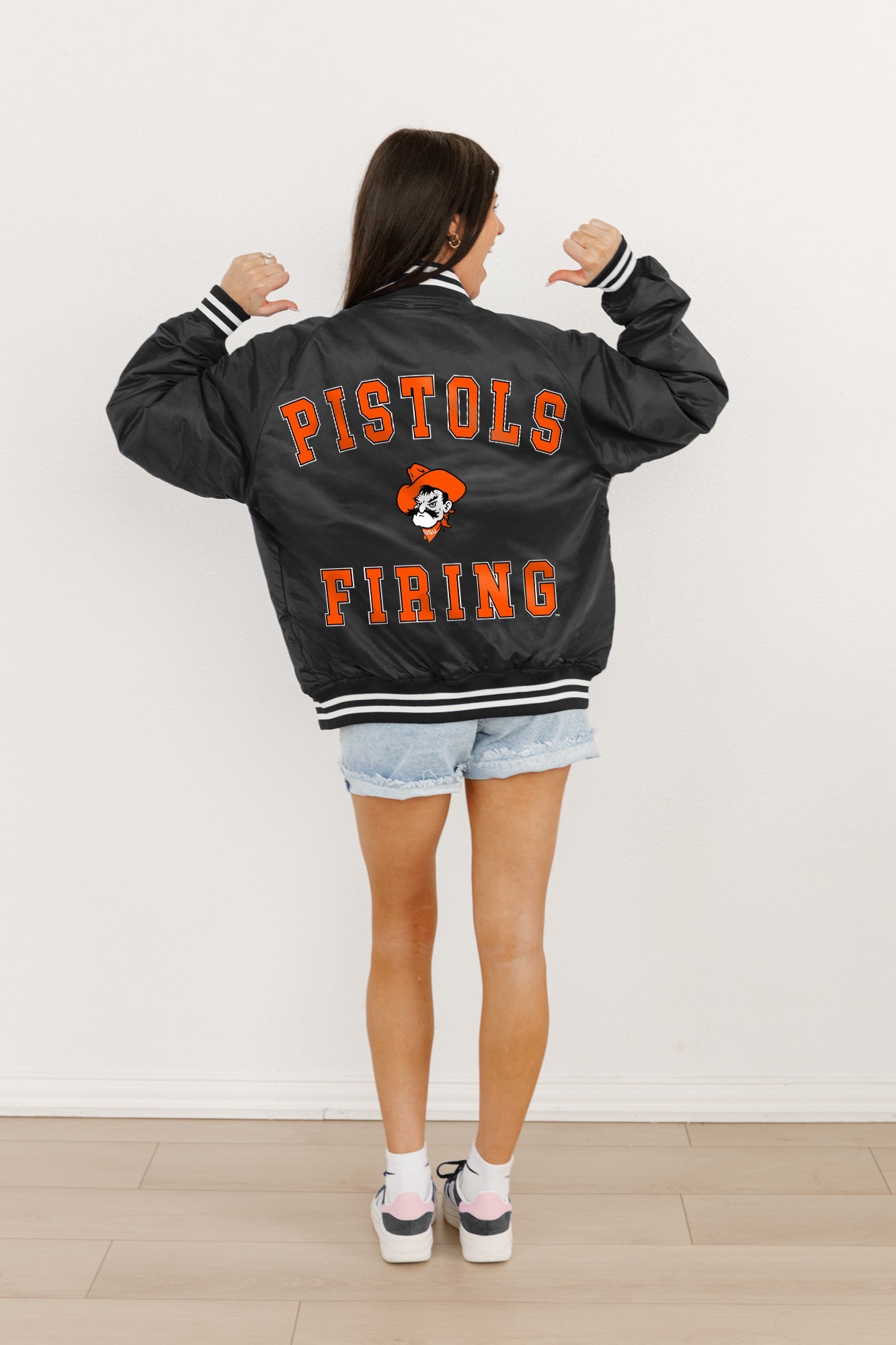 OKLAHOMA STATE COWBOYS CHAMPION'S CLUB SPORT STRIPE VARSITY JACKET BY MADI PREWETT TROUTT