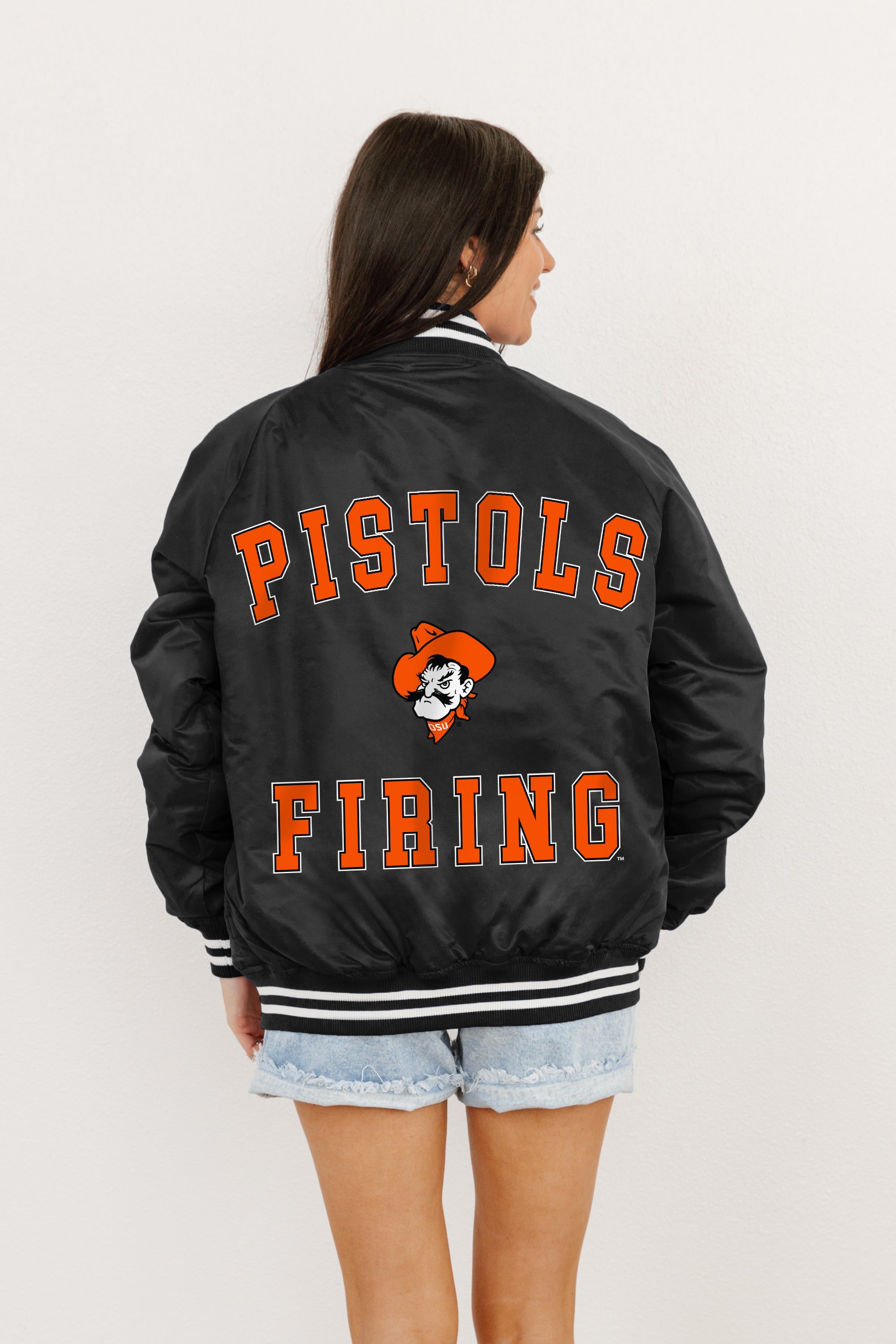 OKLAHOMA STATE COWBOYS CHAMPION'S CLUB SPORT STRIPE VARSITY JACKET BY MADI PREWETT TROUTT