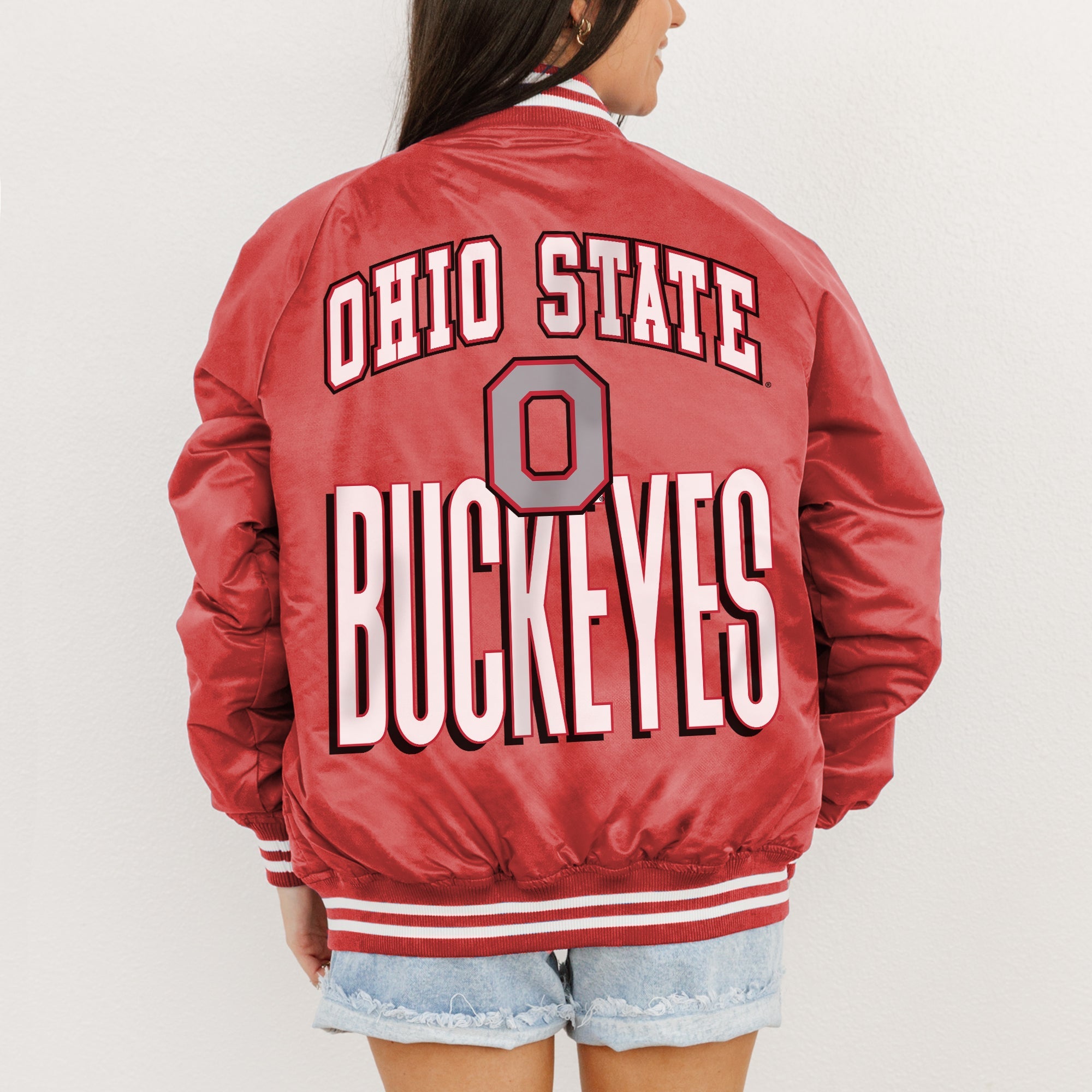 OHIO STATE BUCKEYES FIERCE FOCUS SPORT STRIPE VARSITY JACKET
