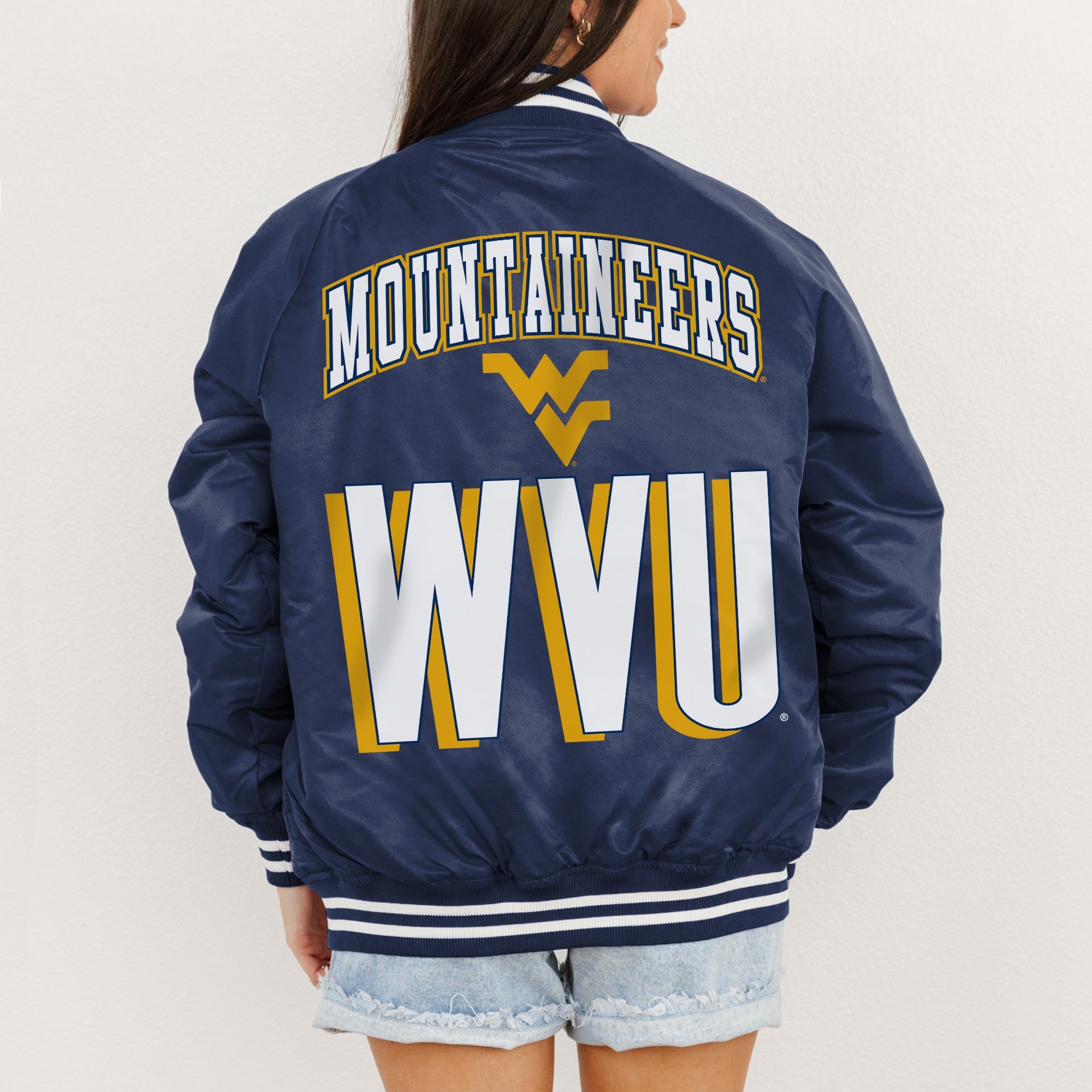 WEST VIRGINIA MOUNTAINEERS FIERCE FOCUS SPORT STRIPE VARSITY JACKET
