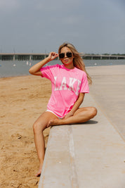 ANCHOR ME TO THE LAKE GARMENT DYED BOYFRIEND TEE IN NEON PINK
