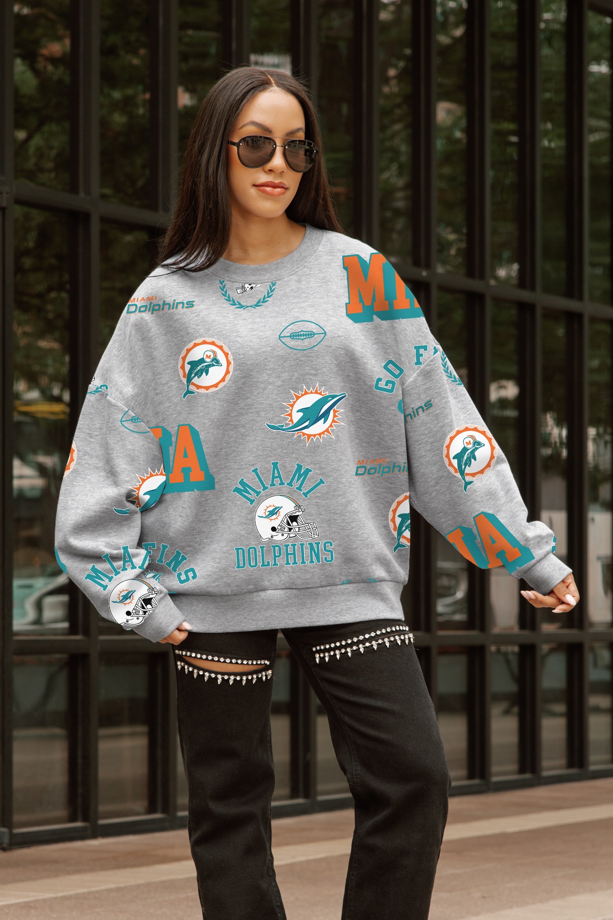 MIAMI DOLPHINS ALWAYS ON REPEAT PREMIUM FLEECE CREW SWEATSHIRT