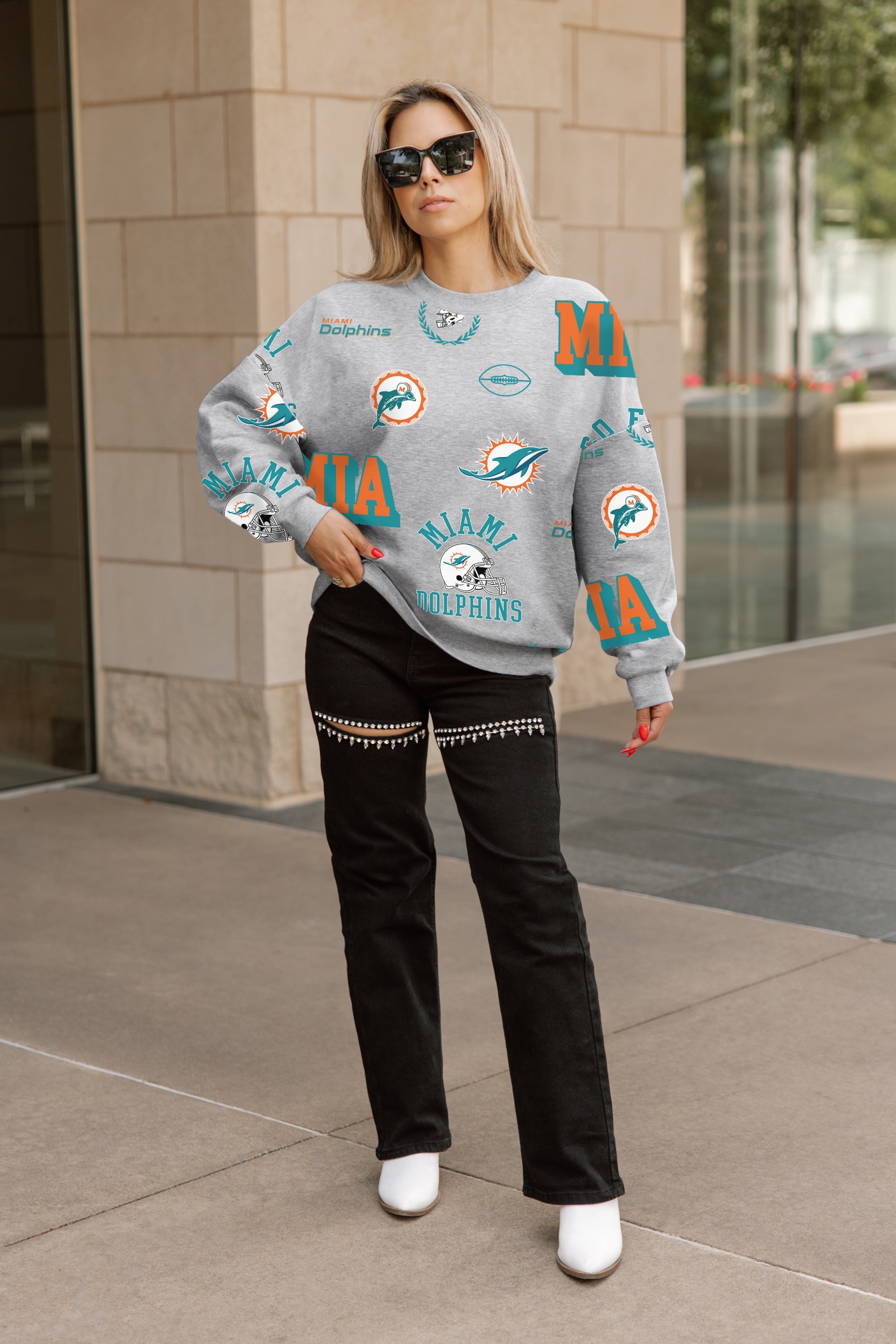 MIAMI DOLPHINS ALWAYS ON REPEAT PREMIUM FLEECE CREW SWEATSHIRT