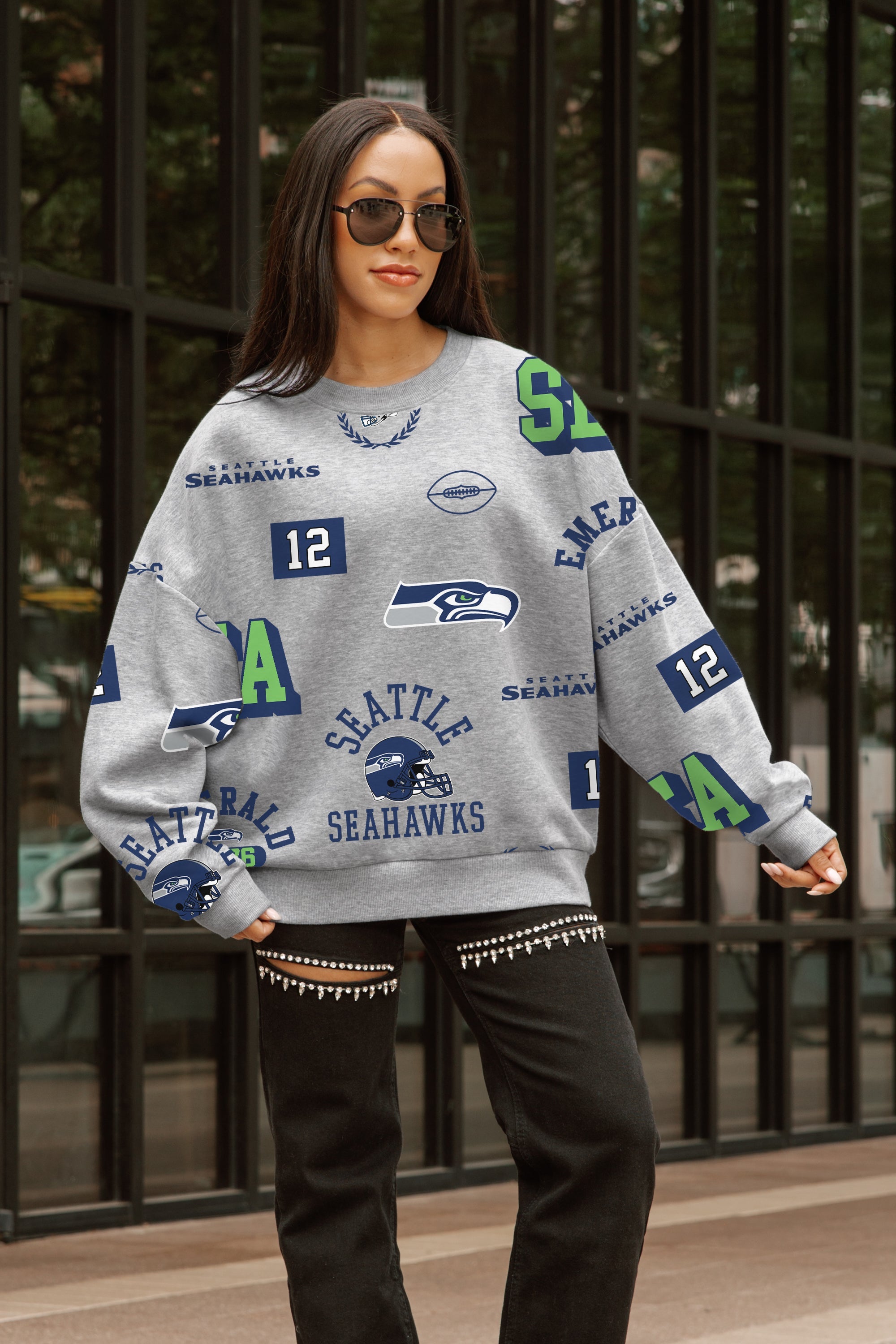 SEATTLE SEAHAWKS ALWAYS ON REPEAT PREMIUM FLEECE CREW SWEATSHIRT
