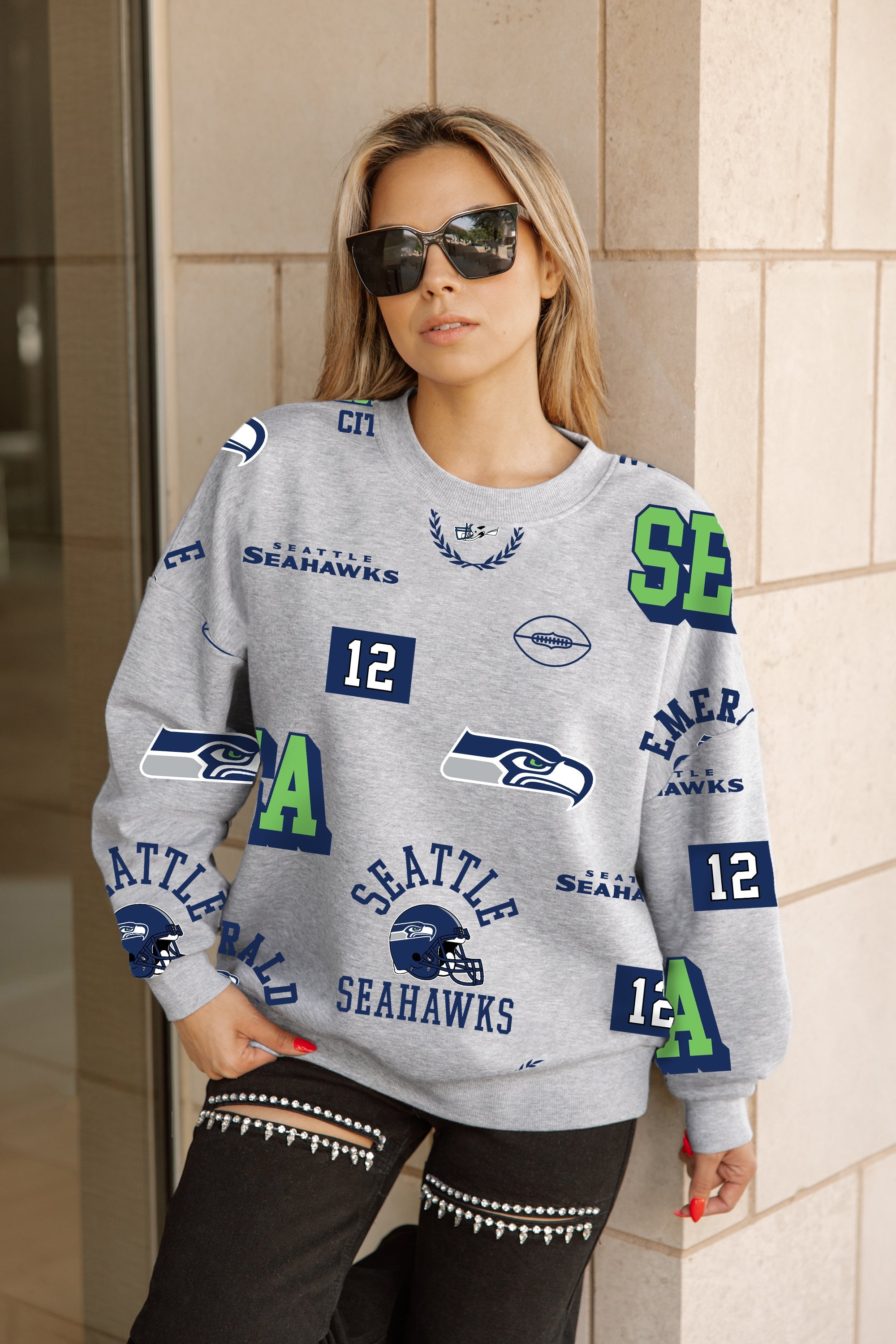 SEATTLE SEAHAWKS ALWAYS ON REPEAT PREMIUM FLEECE CREW SWEATSHIRT