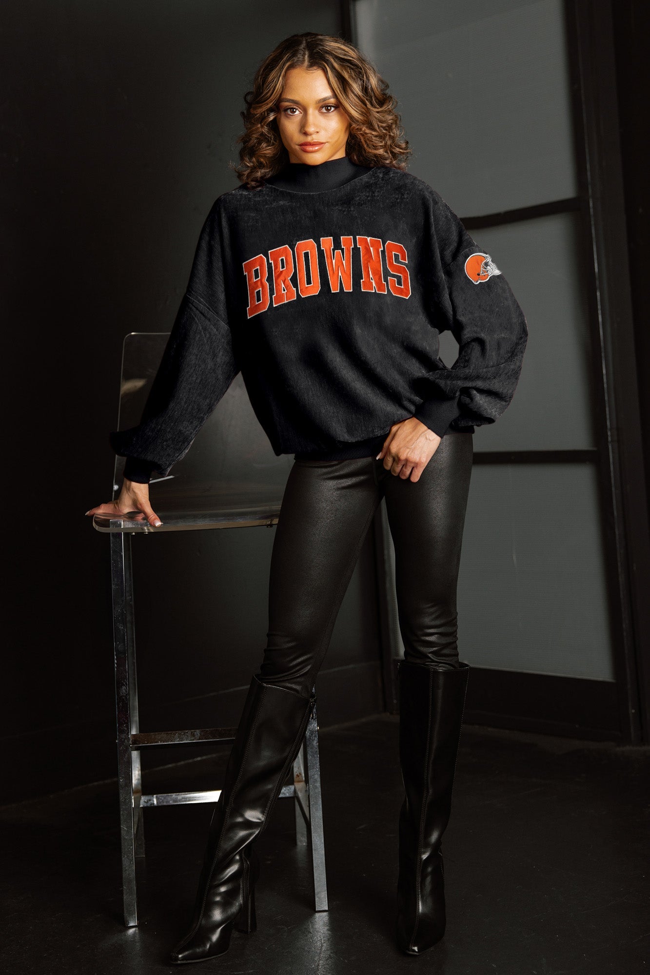 CLEVELAND BROWNS MAKE A MOVE MOCK NECK CHENILLE PULLOVER