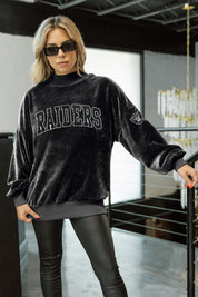 Black Raiders MAKE A MOVE Mock Neck Chenille Pullover - Front View Styled with White Mini Skirt | Gameday Couture - SOHO