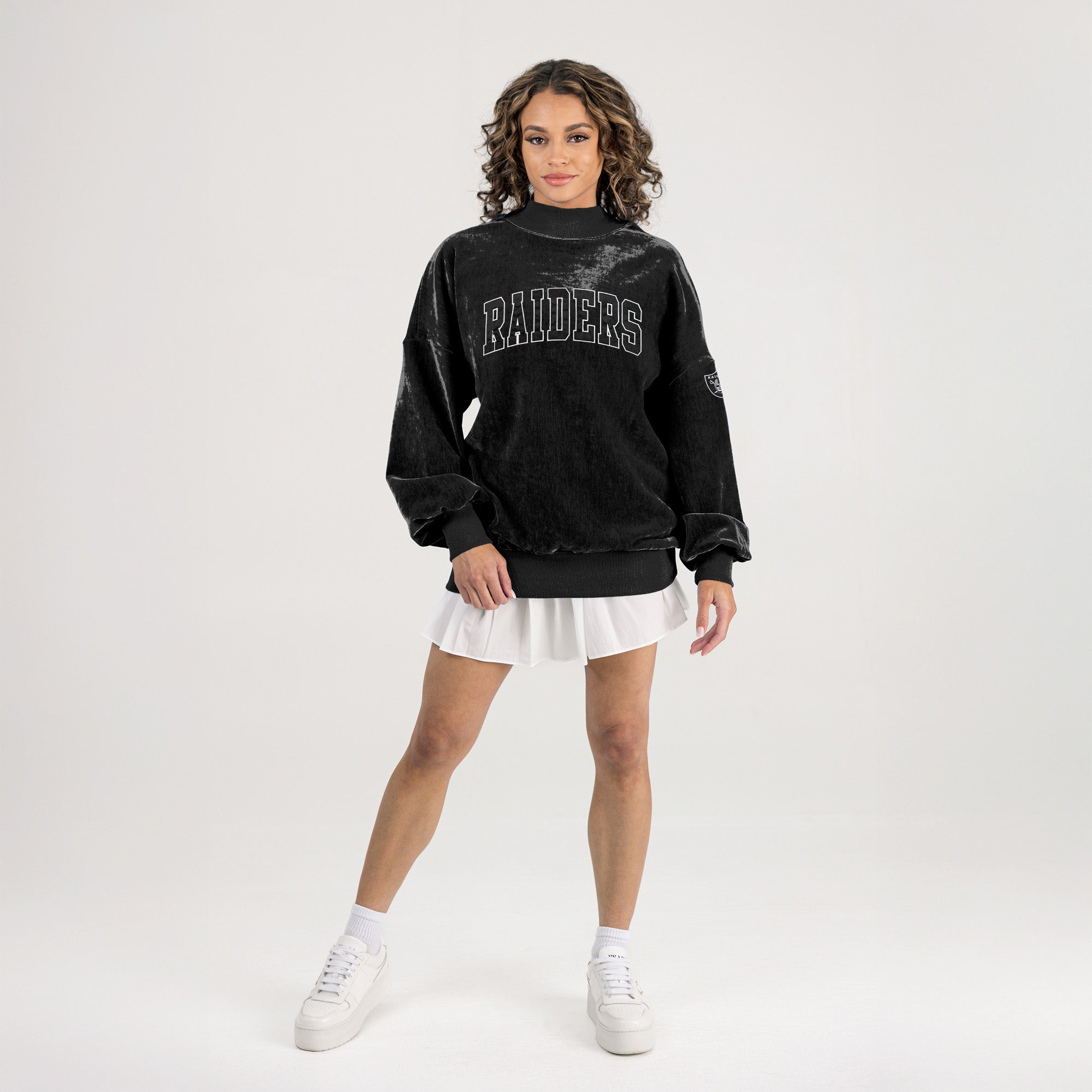 Black Raiders Chenille Pullover - Mock Neck and Acid Wash Fabric Texture Close-Up | Gameday Couture - SOHO