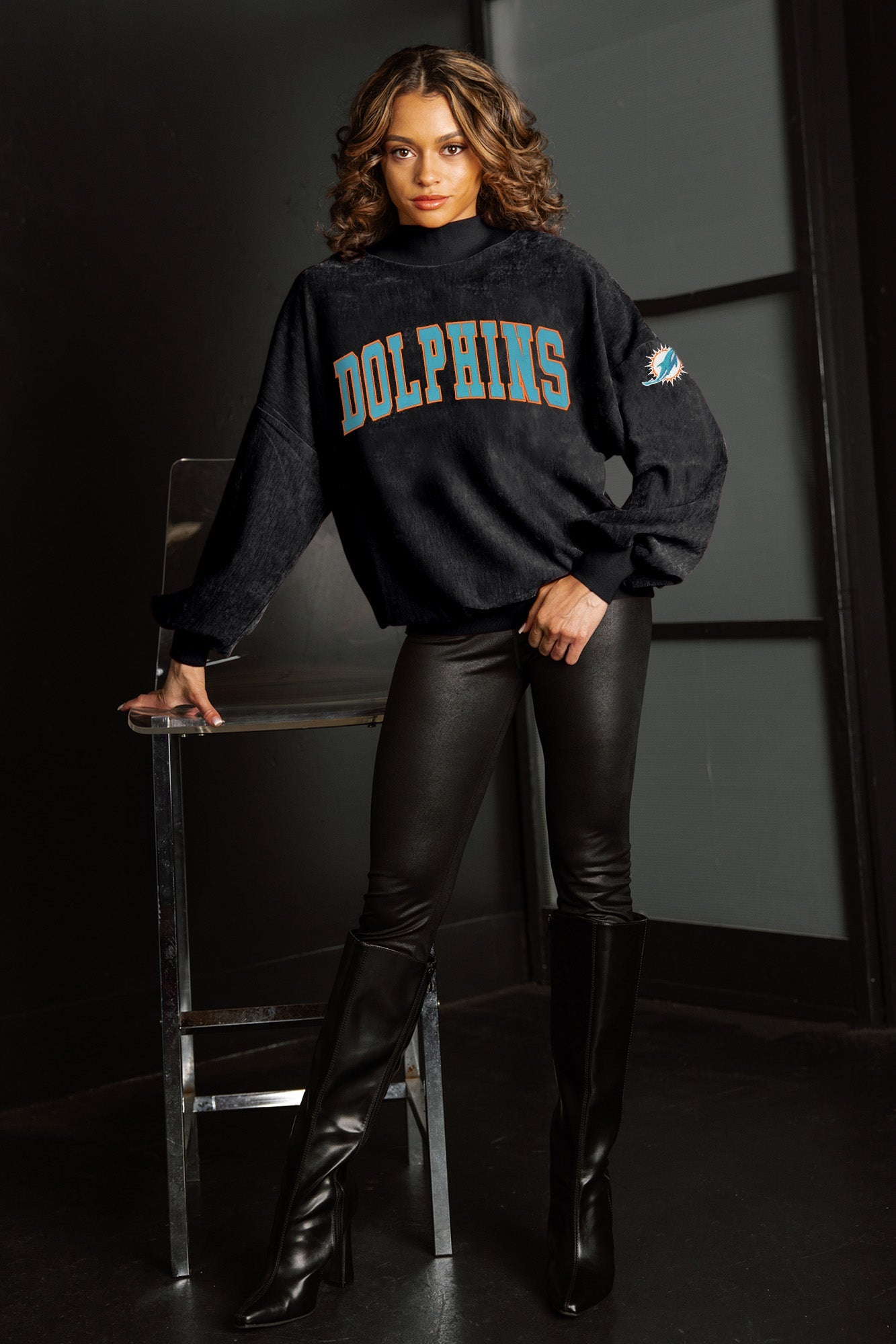 Black Miami Dolphins Make A Move Mock Neck Chenille Pullover - On Model Front View, Styled with Leather Pants | Gameday Couture - SOHO