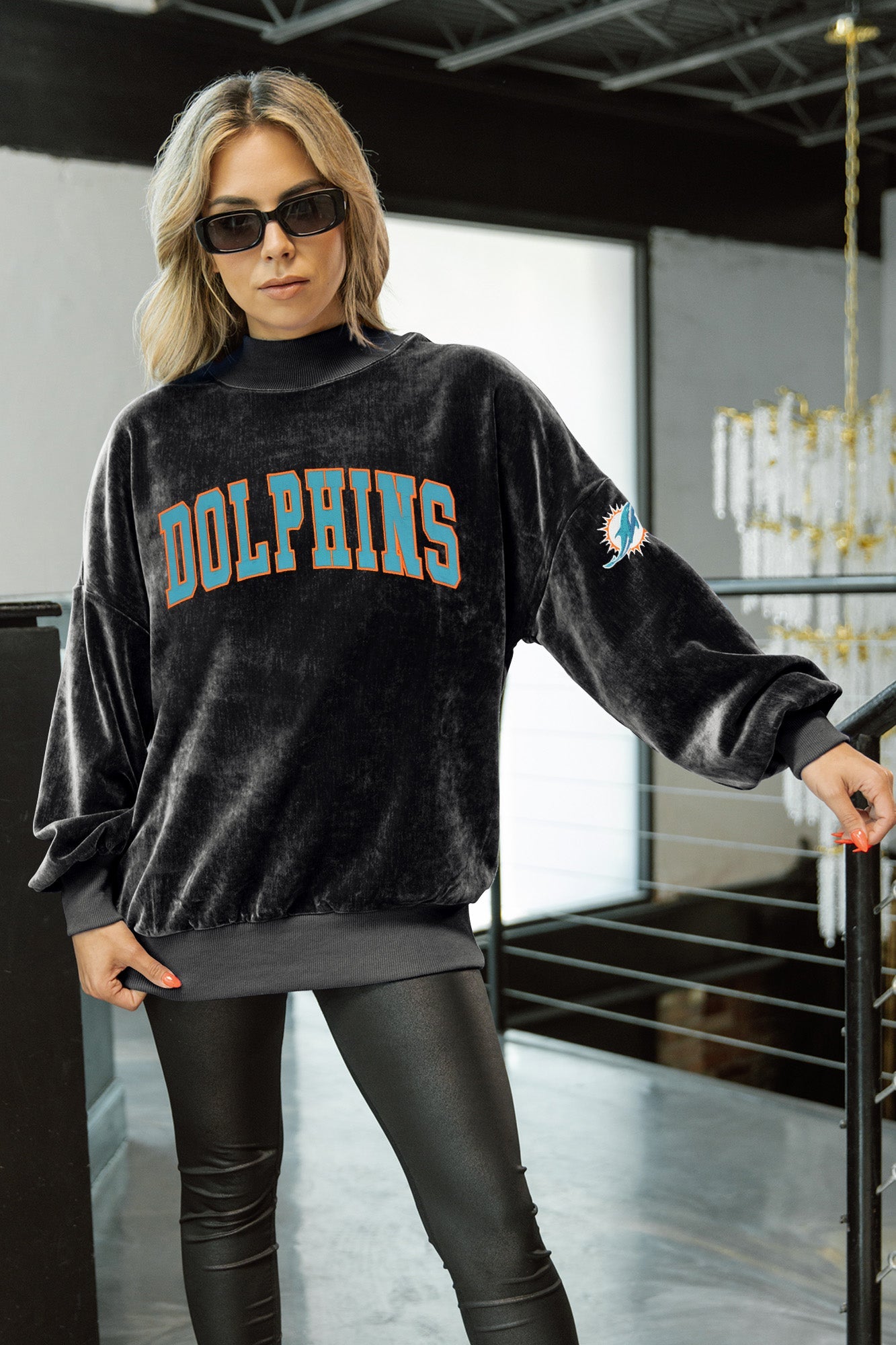 Black Miami Dolphins Make A Move Mock Neck Chenille Pullover - Front View, Styled with White Mini Skirt | Gameday Couture - SOHO