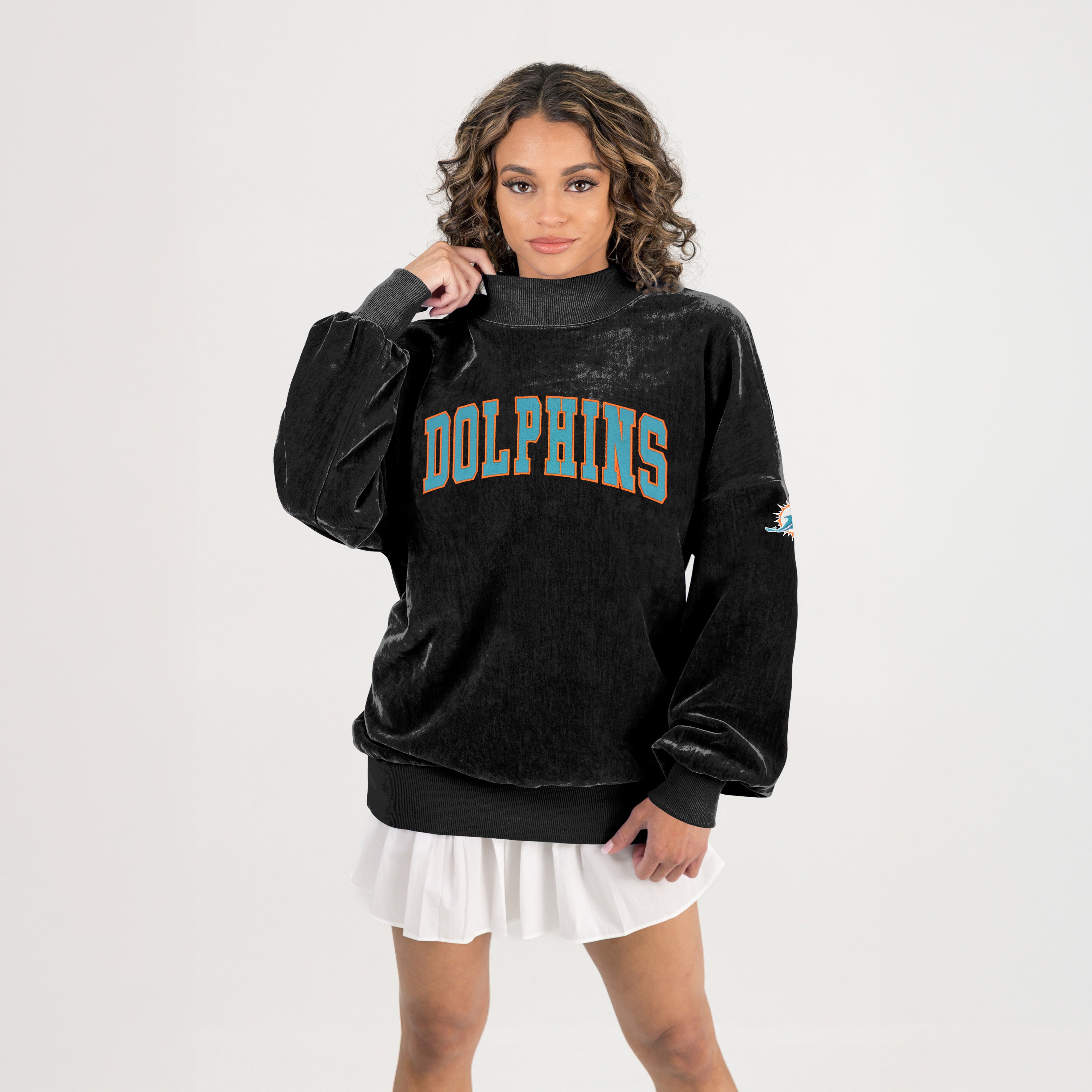 Black Miami Dolphins Make A Move Mock Neck Chenille Pullover - Back View, Drop Shoulder Fit Detail | Gameday Couture - SOHO