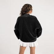 Black Miami Dolphins Mock Neck Chenille Pullover - Full Body Front View, Styled with White Pleated Skirt | Gameday Couture - SOHO
