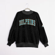 Black Miami Dolphins Make A Move Mock Neck Chenille Pullover - Flat Hanger Front View, Aqua Dolphins Lettering | Gameday Couture - SOHO