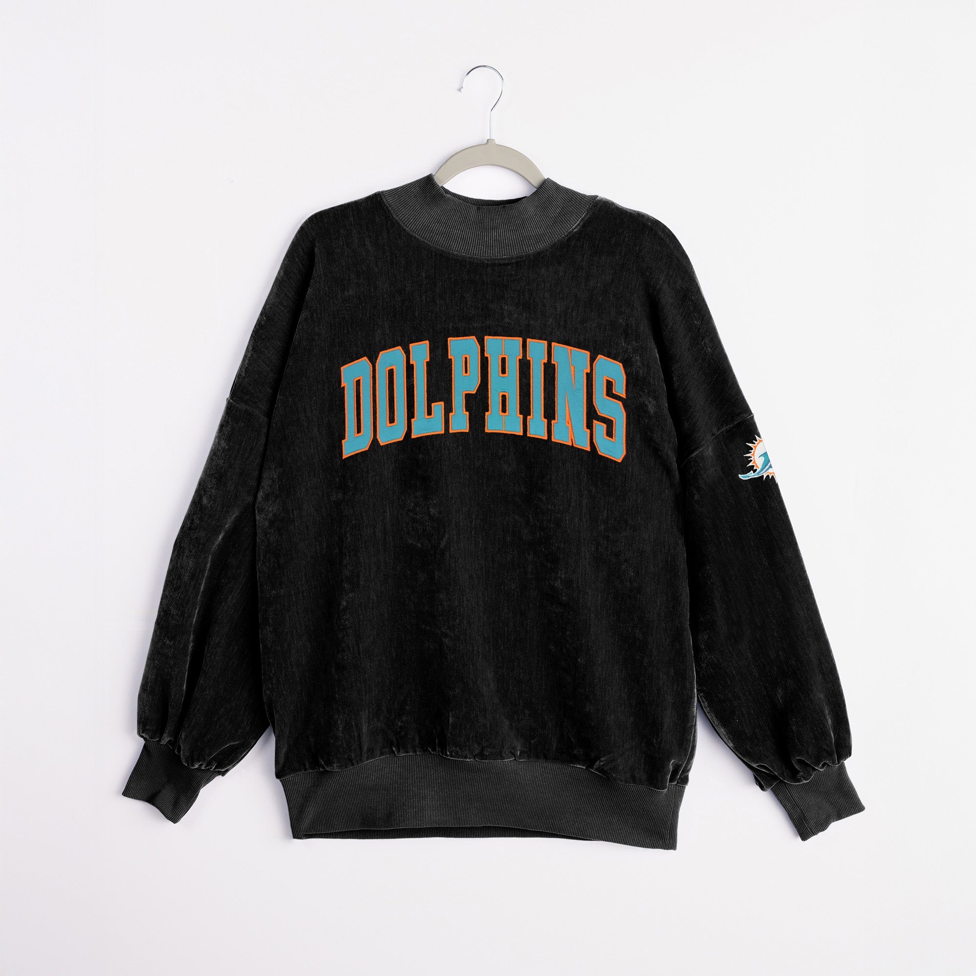 Black Miami Dolphins Make A Move Mock Neck Chenille Pullover - Flat Hanger Front View, Aqua Dolphins Lettering | Gameday Couture - SOHO