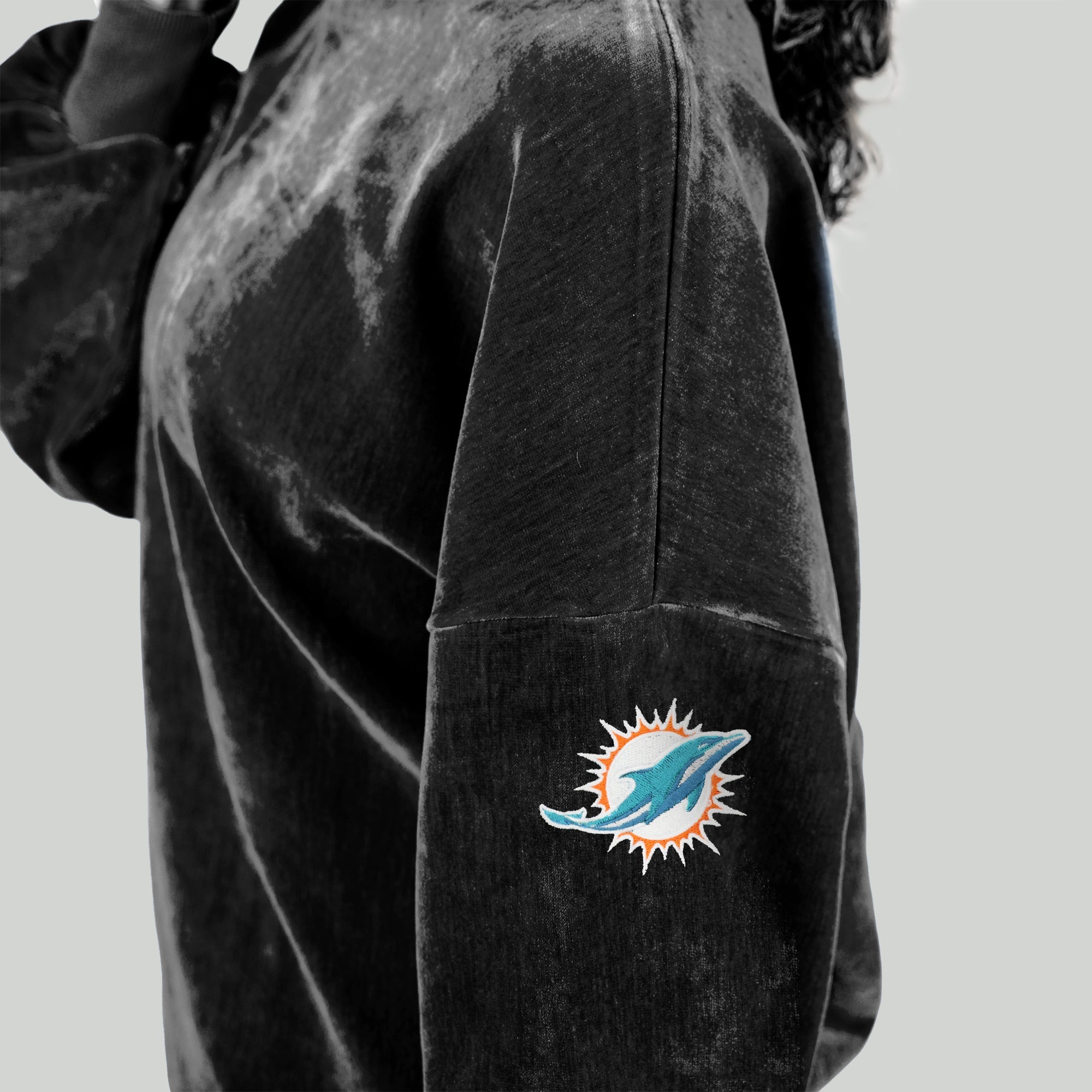 Black Miami Dolphins Chenille Pullover - Embroidered Sleeve Logo Detail, Miami Dolphins NFL Apparel | Gameday Couture - SOHO