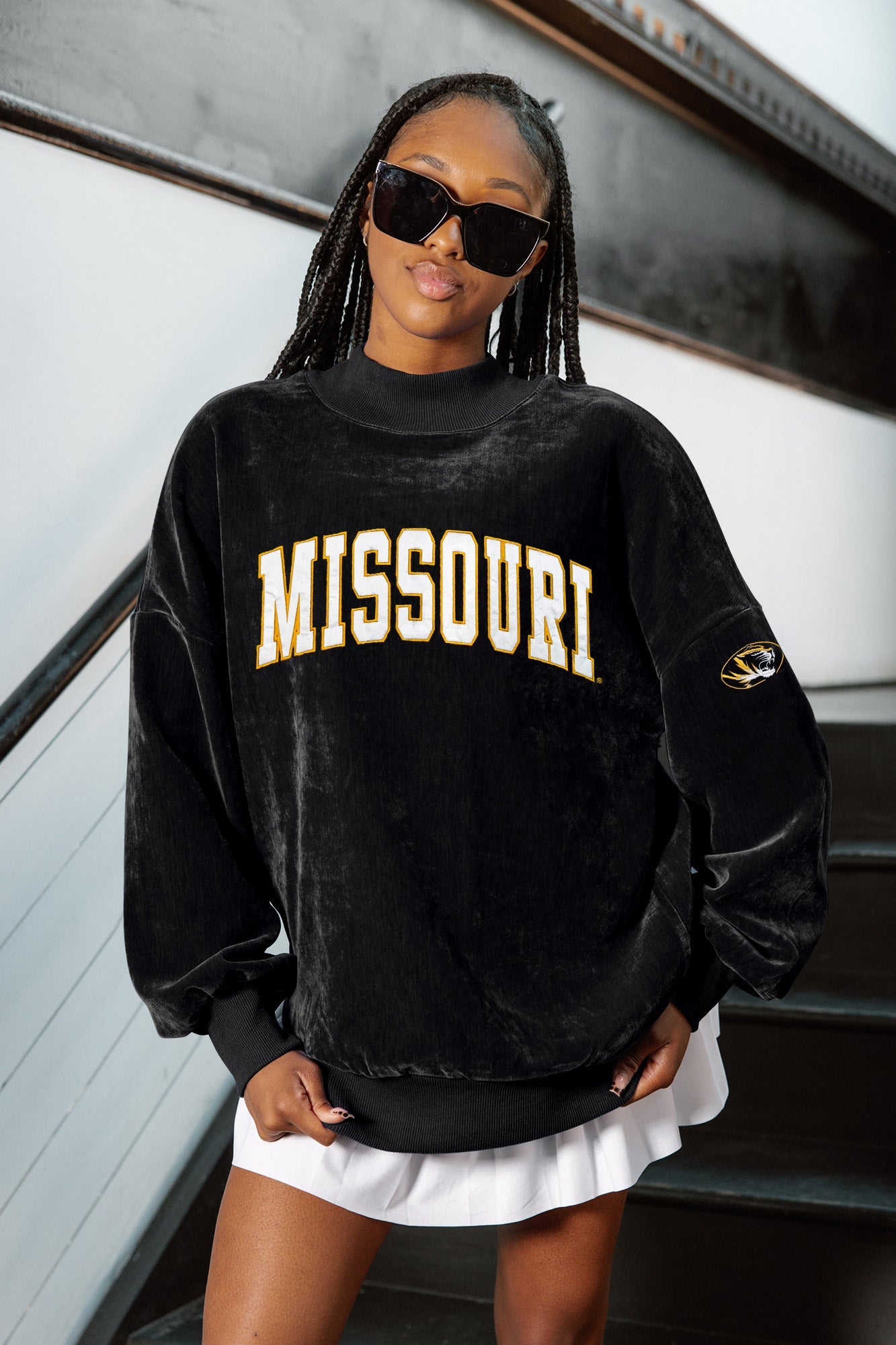 Black Mizzou chenille mock neck pullover with gold and white Missouri arch lettering - Styled Staircase Look | Gameday Couture - SOHO
