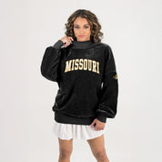 Black Missouri Tigers chenille pullover drop shoulder fit over white skirt - Back Studio View | Gameday Couture - SOHO