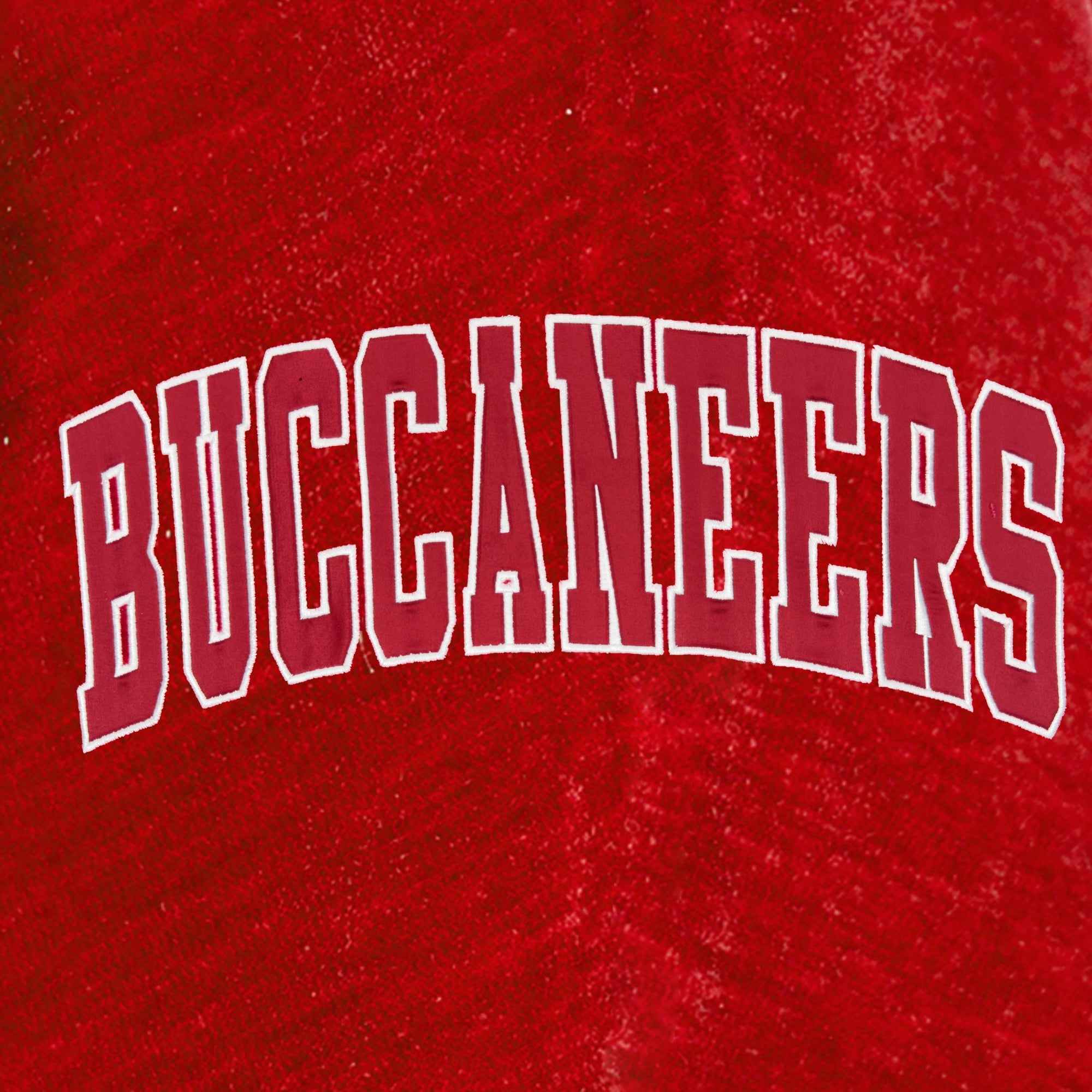 Red Velvet Chenille Fabric Texture Detail - Tampa Bay Buccaneers Mock Neck Pullover Close-Up | Gameday Couture - SOHO