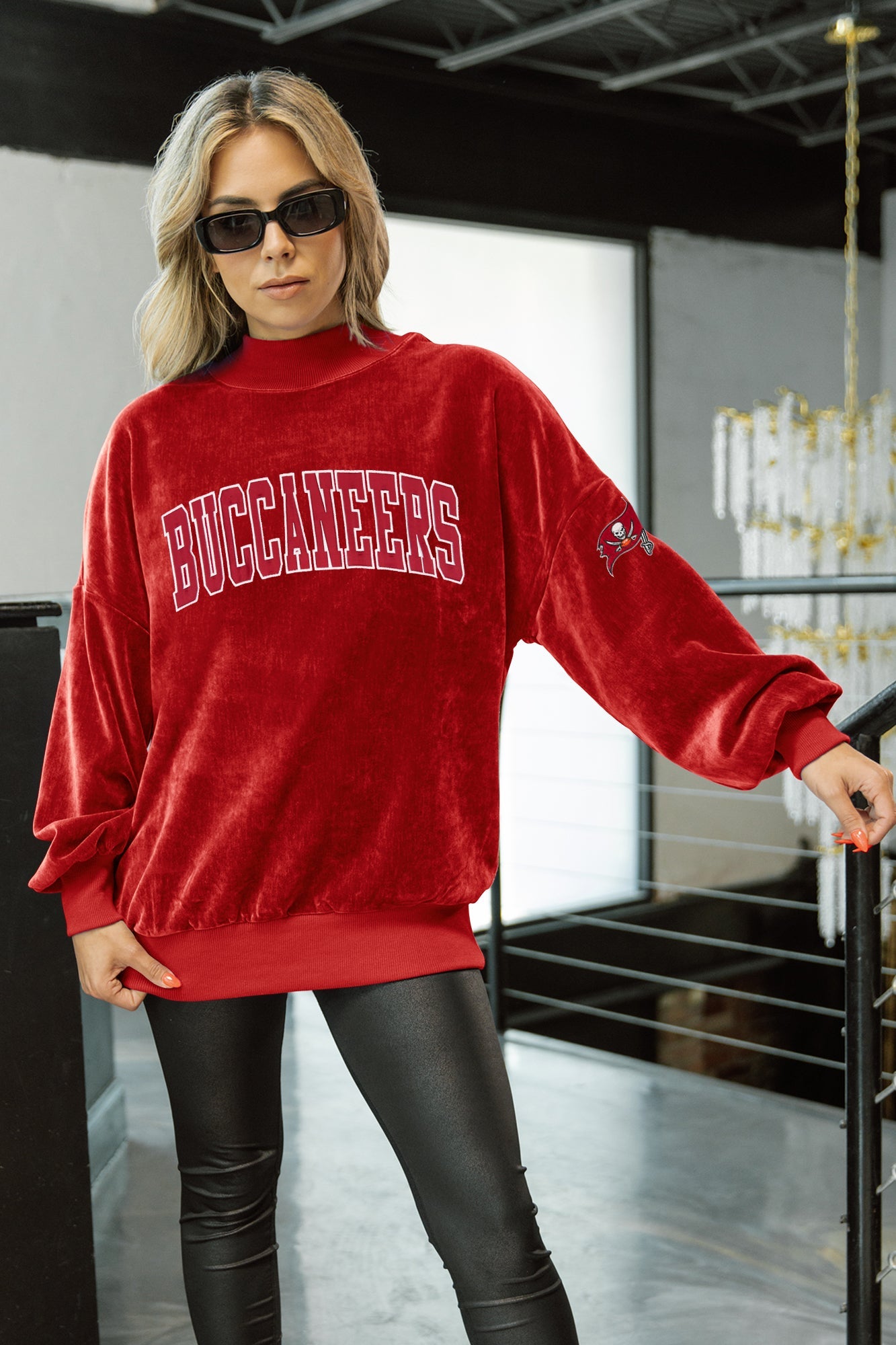 Red Tampa Bay Buccaneers Mock Neck Chenille Pullover - Front View On Model with White Mini Skirt | Gameday Couture - SOHO