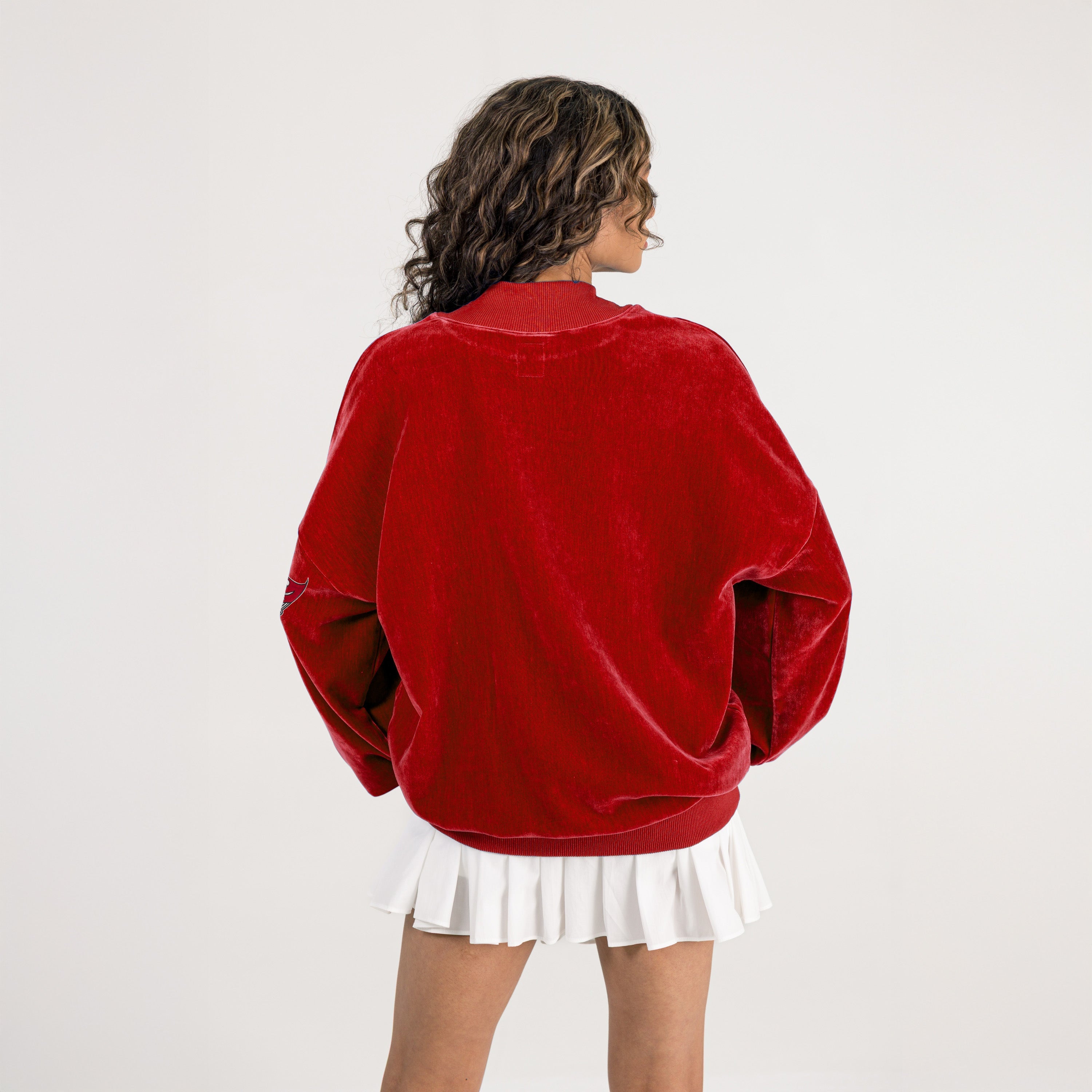 Red Tampa Bay Buccaneers NFL Mock Neck Pullover - Full Length Front View with White Sneakers | Gameday Couture - SOHO