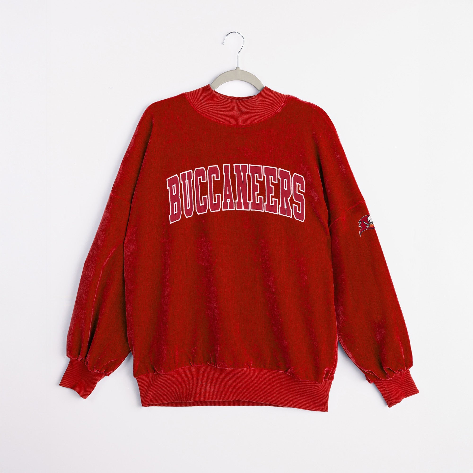 Tampa Bay Buccaneers Embroidered Sleeve Logo Close-Up on Red Chenille NFL Mock Neck Pullover | Gameday Couture - SOHO