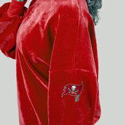 Buccaneers Arched Logo Close-Up on Red Chenille Fabric - Tampa Bay NFL Mock Neck Sweatshirt | Gameday Couture - SOHO
