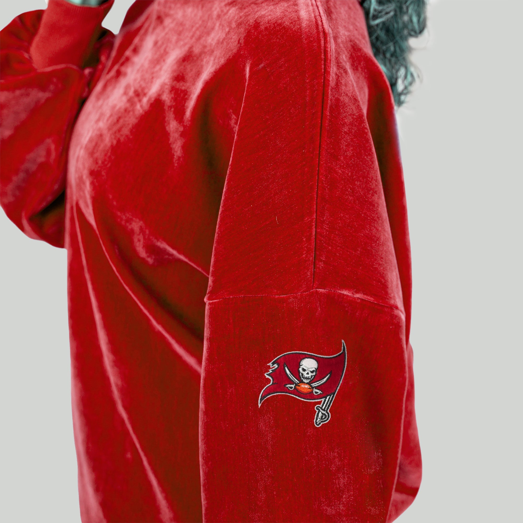 Buccaneers Arched Logo Close-Up on Red Chenille Fabric - Tampa Bay NFL Mock Neck Sweatshirt | Gameday Couture - SOHO