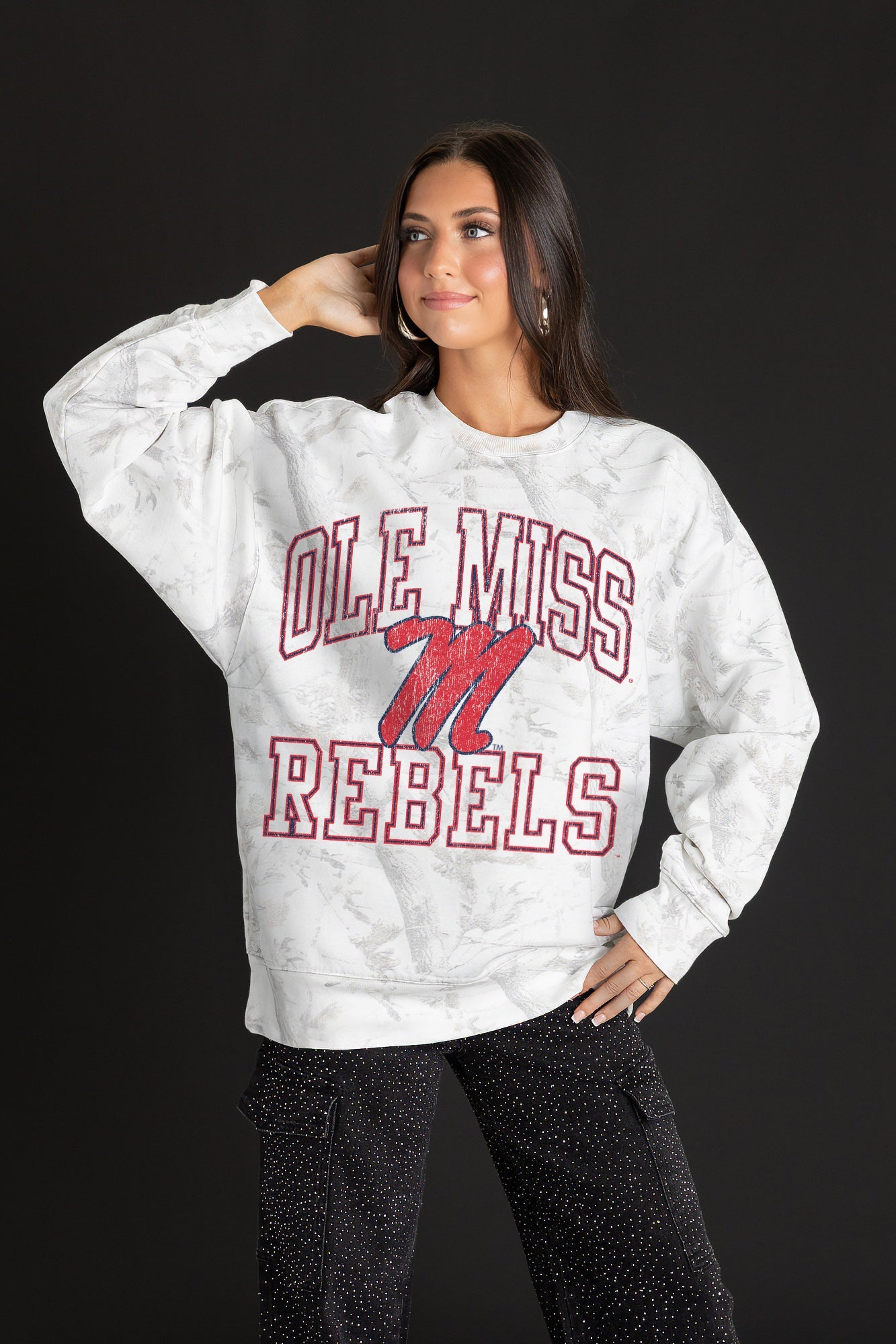 OLE MISS REBELS WHITEOUT PREMIUM DROP SHOULDER PULLOVER