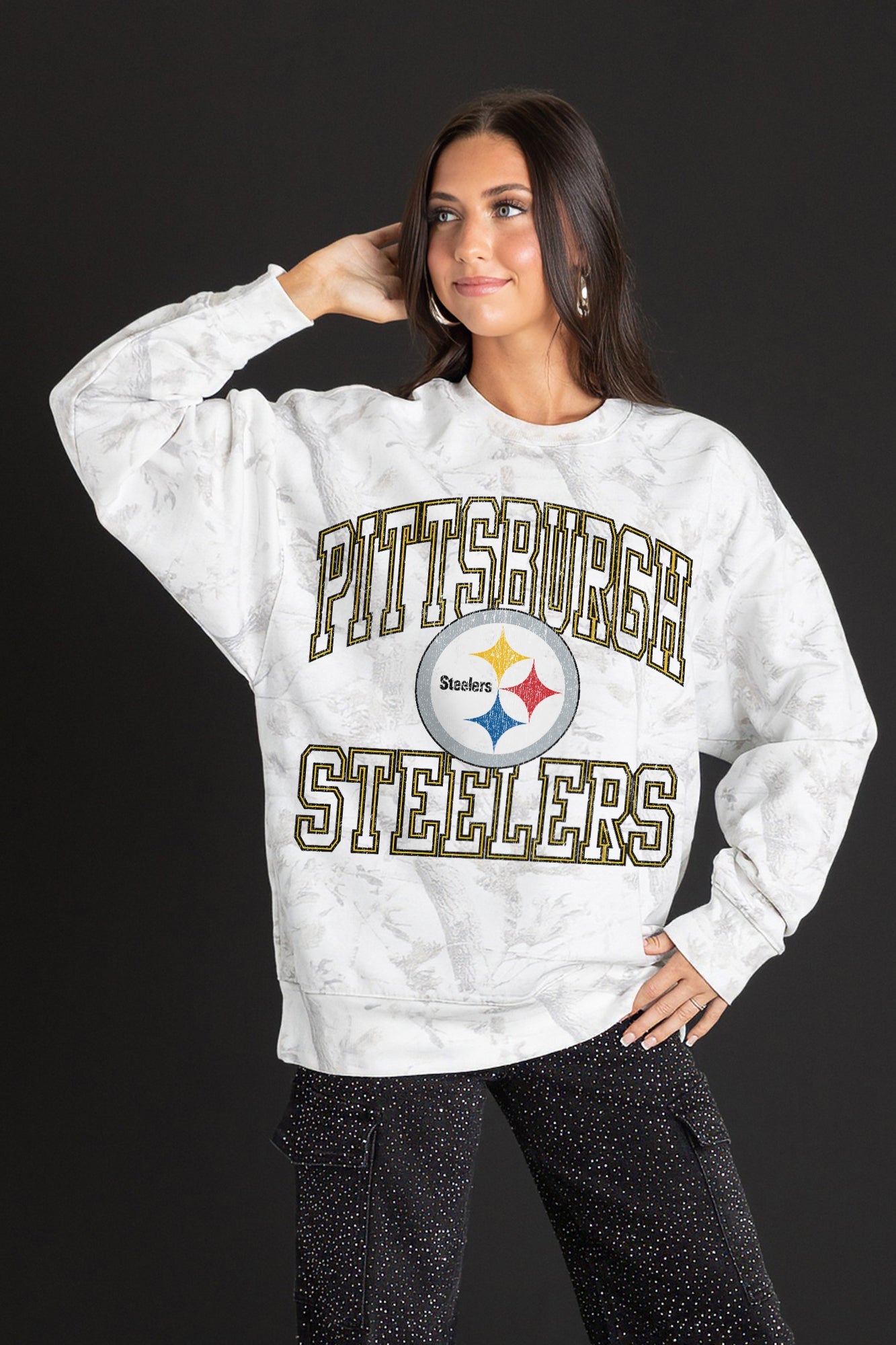 Pittsburgh Steelers White Camo Sweatshirt - Front Close-Up On Model | Gameday Couture - SOHO