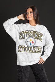 Pittsburgh Steelers White Camo Sweatshirt - Front Close-Up On Model | Gameday Couture - SOHO