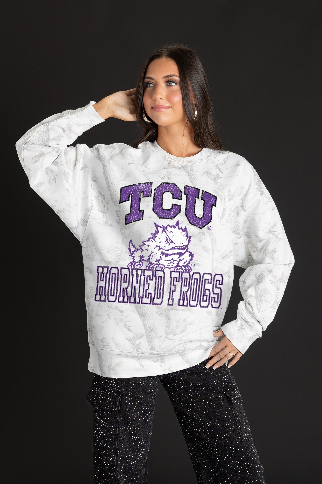 TCU HORNED FROGS WHITEOUT PREMIUM DROP SHOULDER PULLOVER