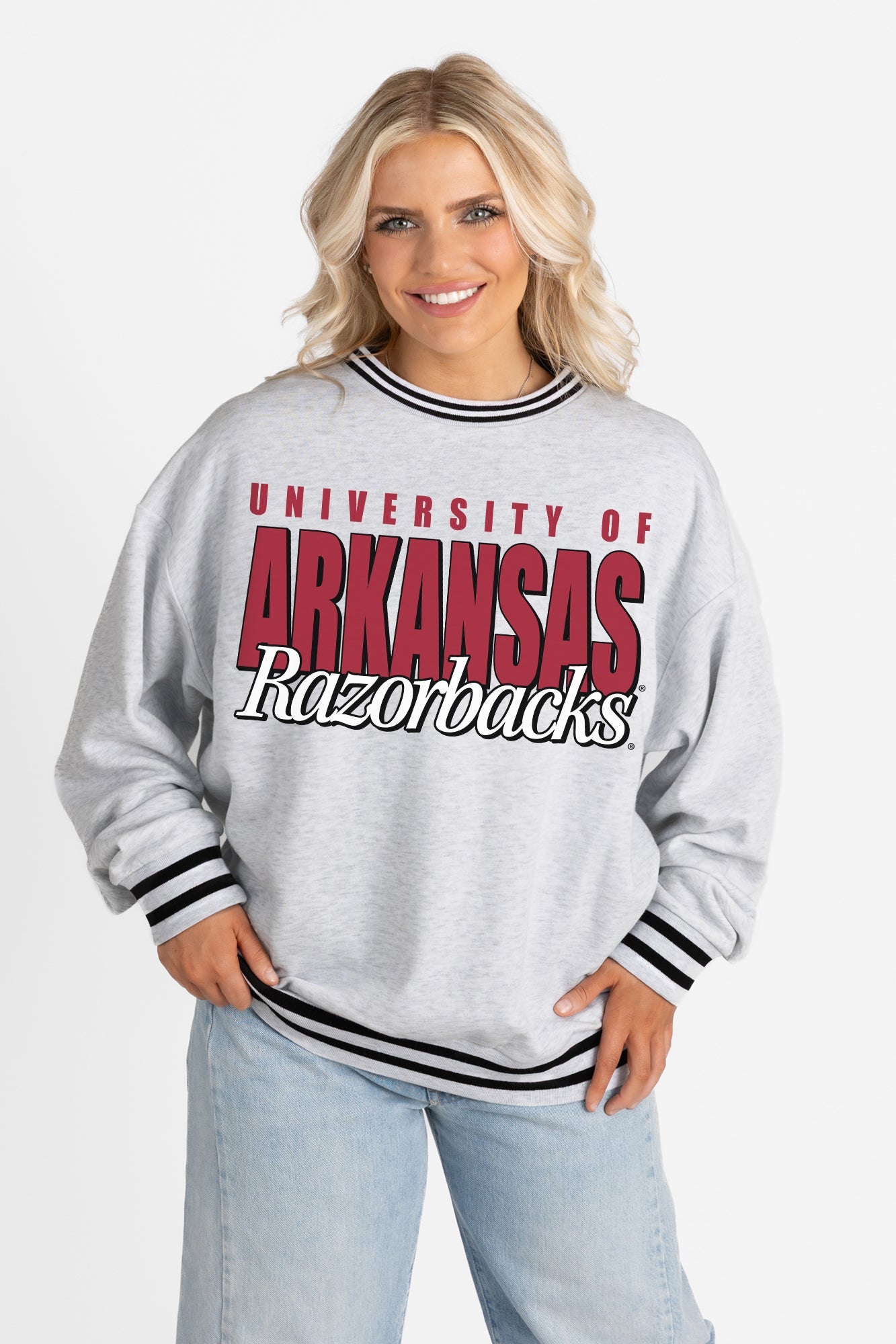 ARKANSAS RAZORBACKS SHOWDOWN CREW FLEECE RINGER SWEATSHIRT