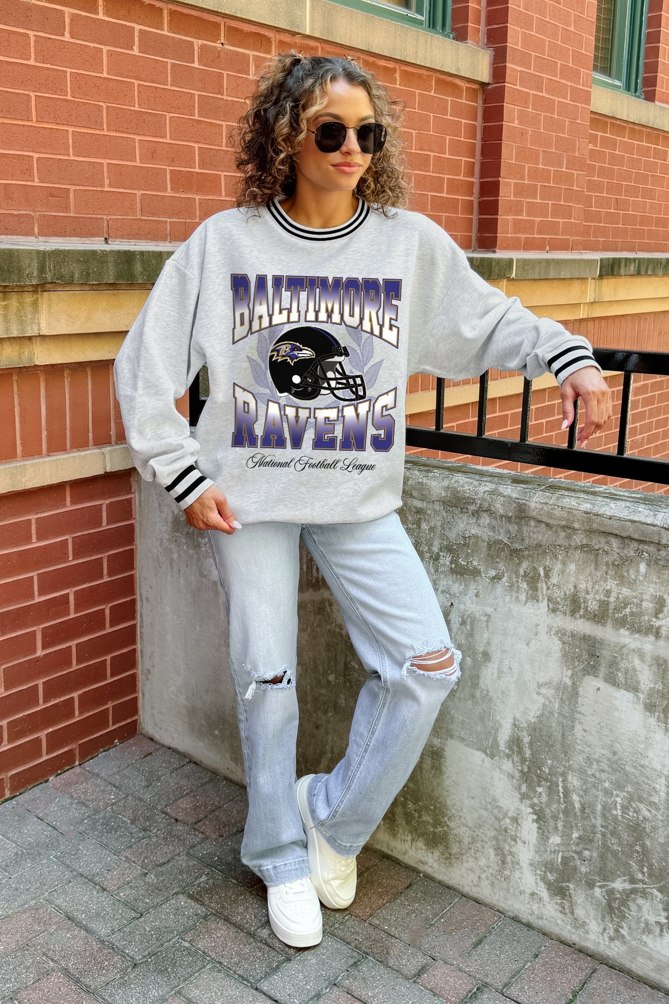 BALTIMORE RAVENS FADE ROUTE CREW FLEECE RINGER SWEATSHIRT