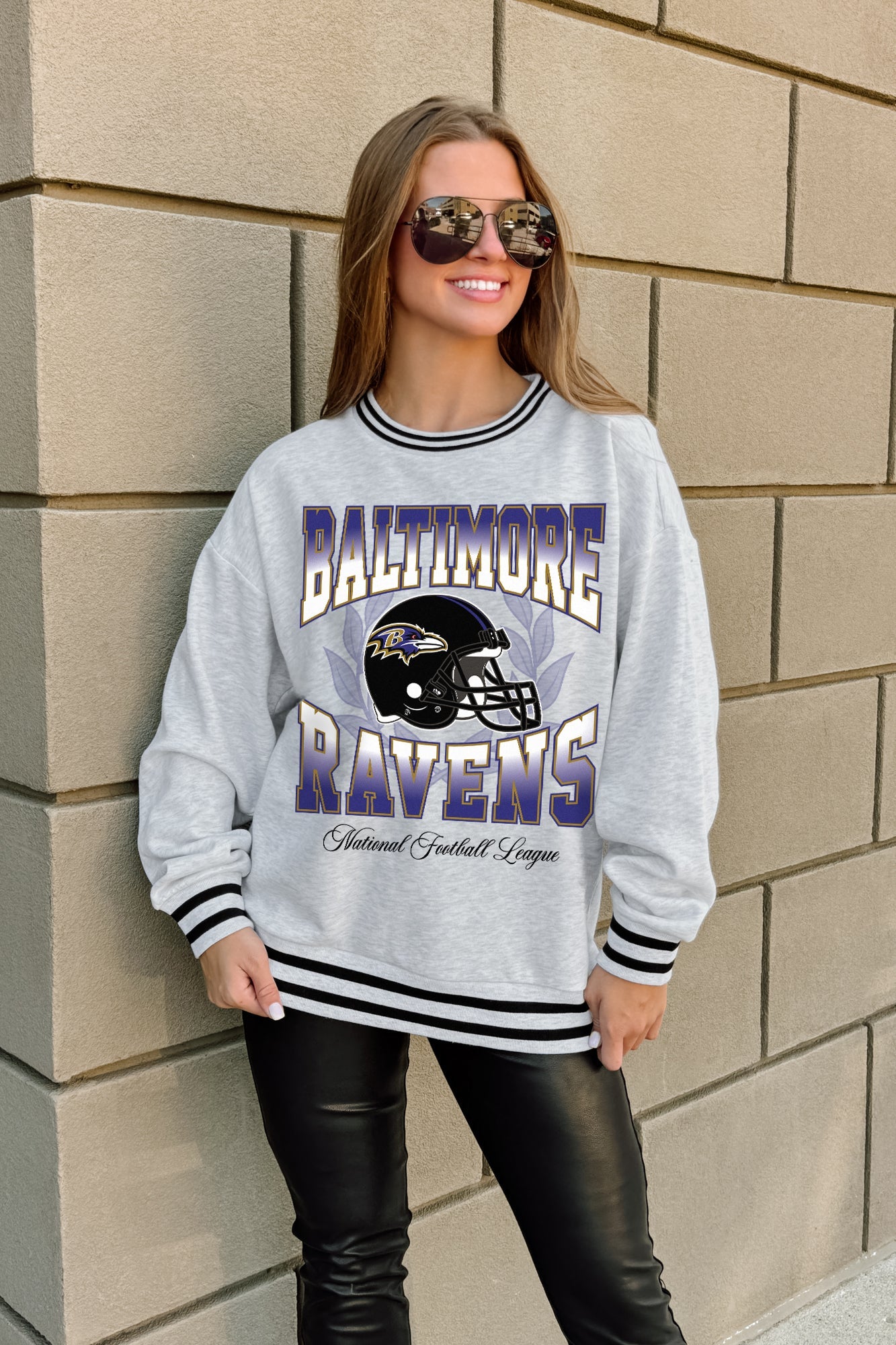 BALTIMORE RAVENS FADE ROUTE CREW FLEECE RINGER SWEATSHIRT