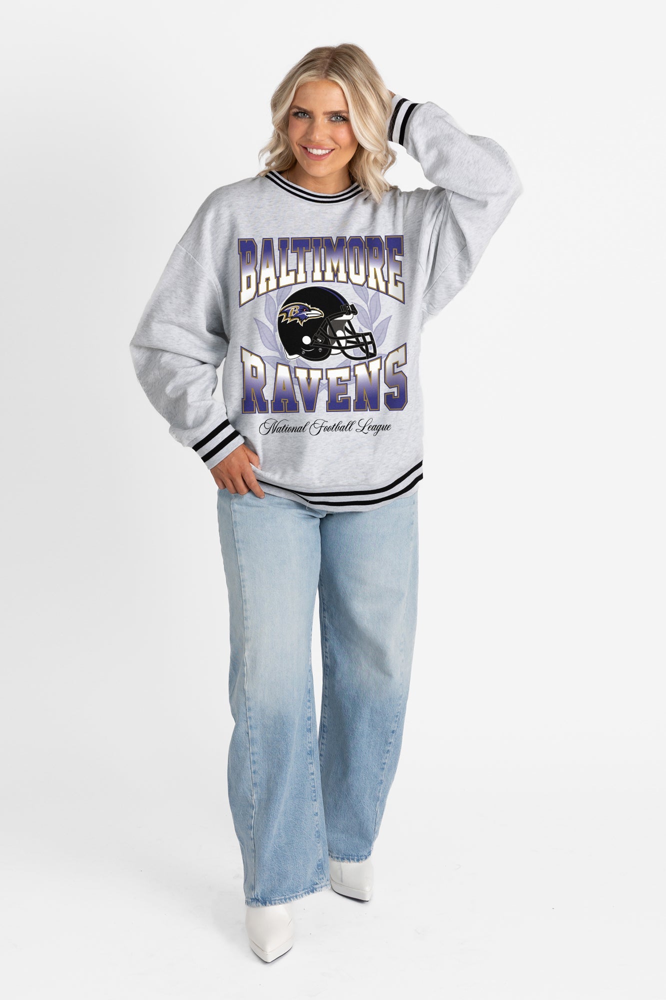 BALTIMORE RAVENS FADE ROUTE CREW FLEECE RINGER SWEATSHIRT