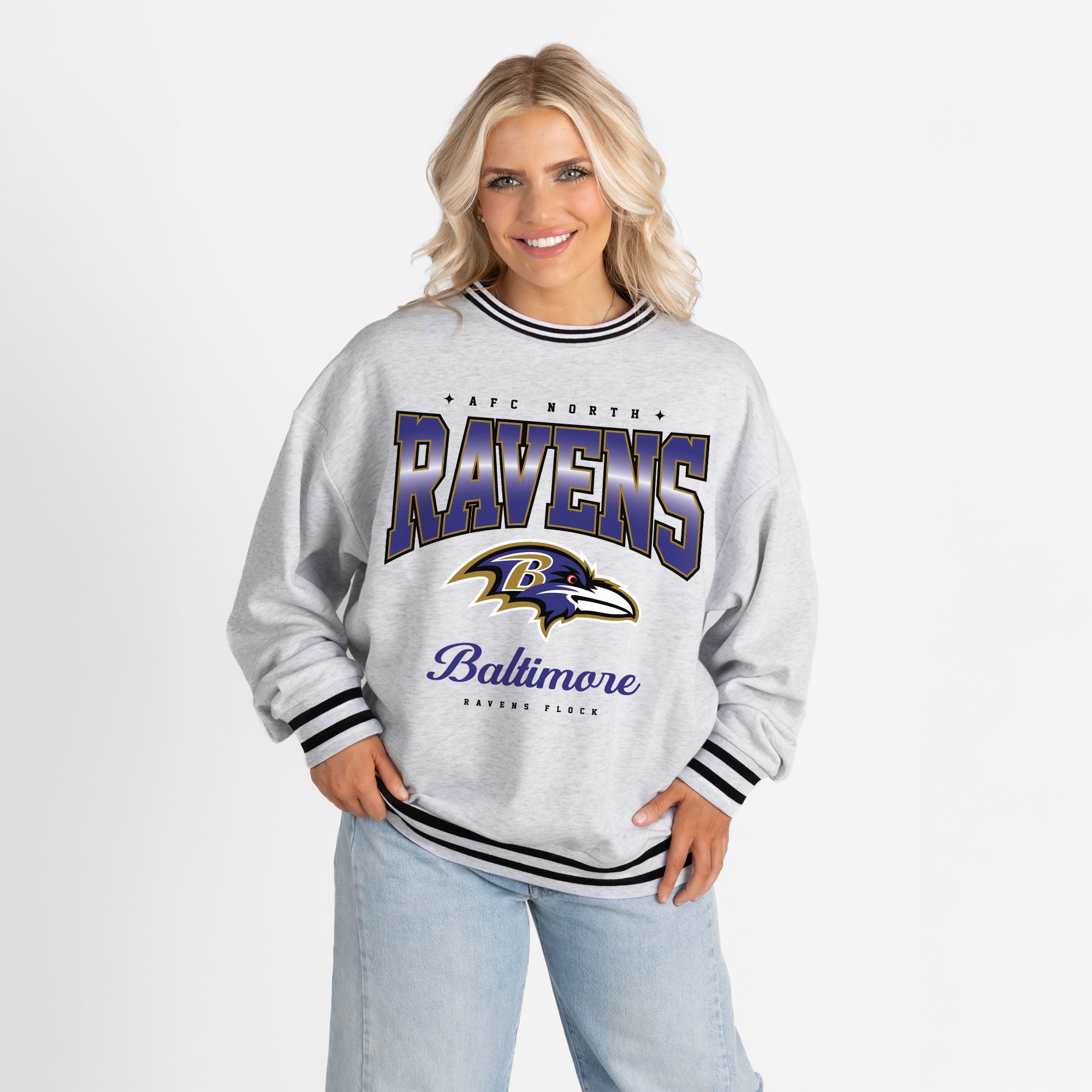 BALTIMORE RAVENS GRIDIRON DRIVE CREW FLEECE RINGER SWEATSHIRT