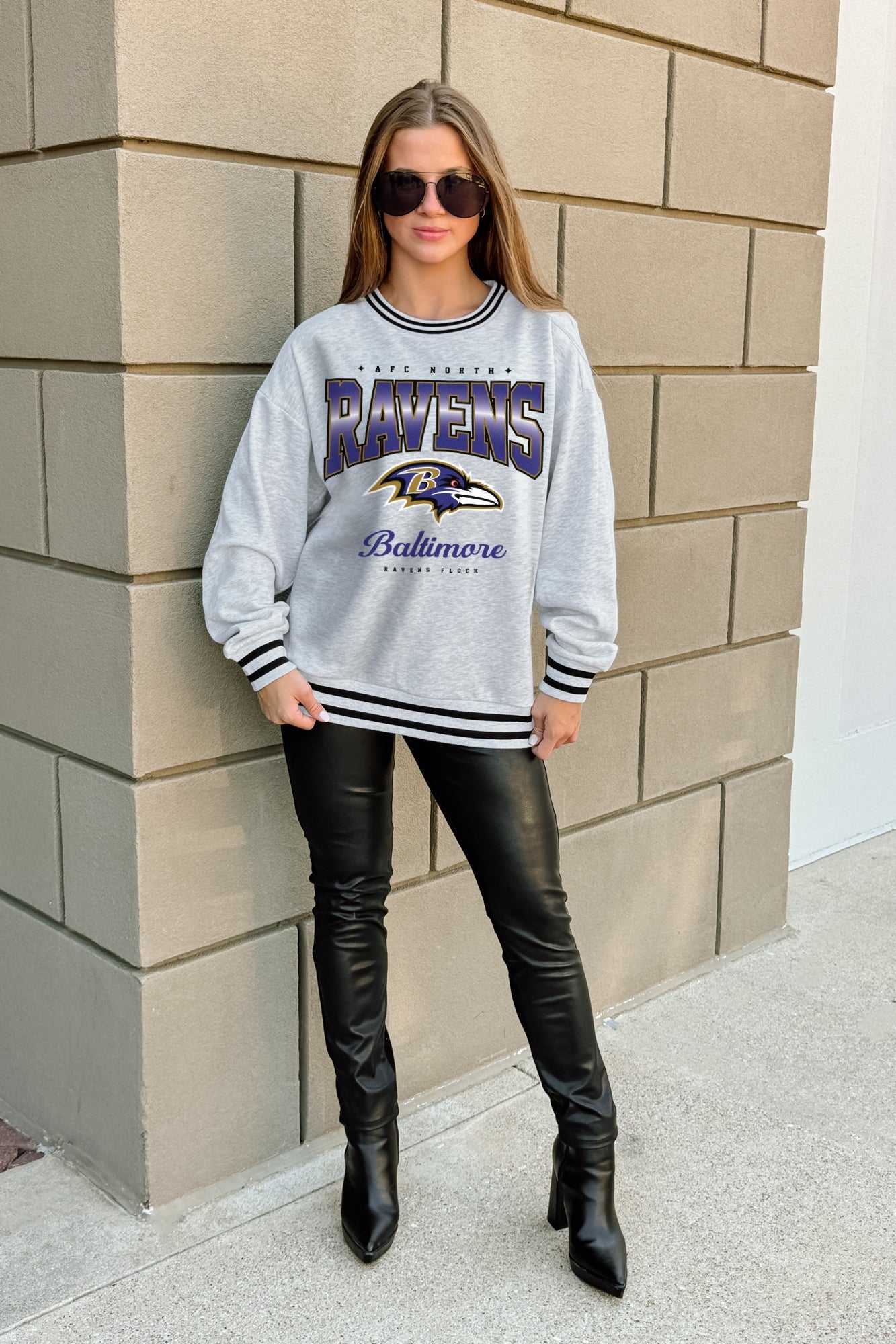 BALTIMORE RAVENS GRIDIRON DRIVE CREW FLEECE RINGER SWEATSHIRT