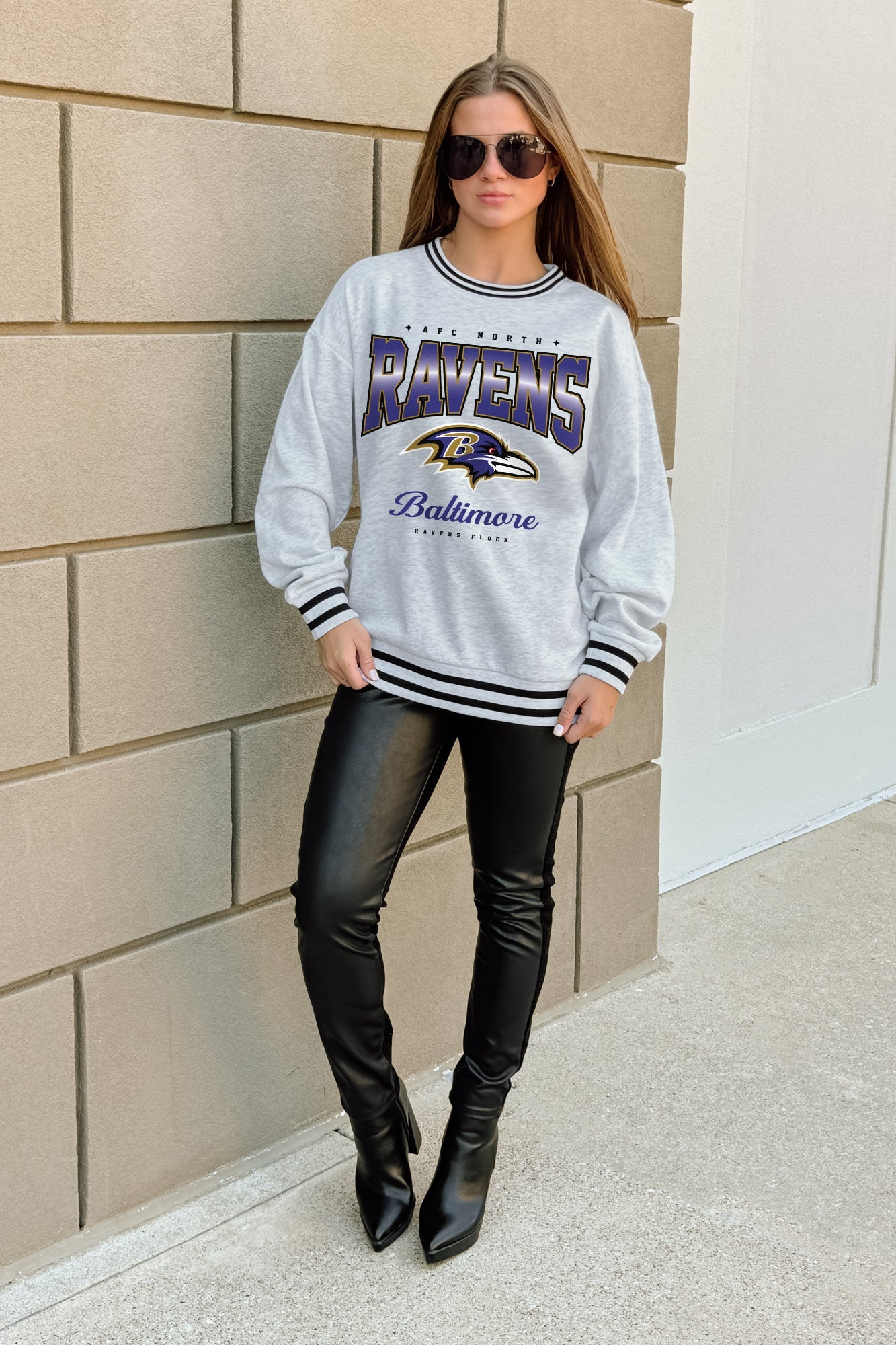 BALTIMORE RAVENS GRIDIRON DRIVE CREW FLEECE RINGER SWEATSHIRT