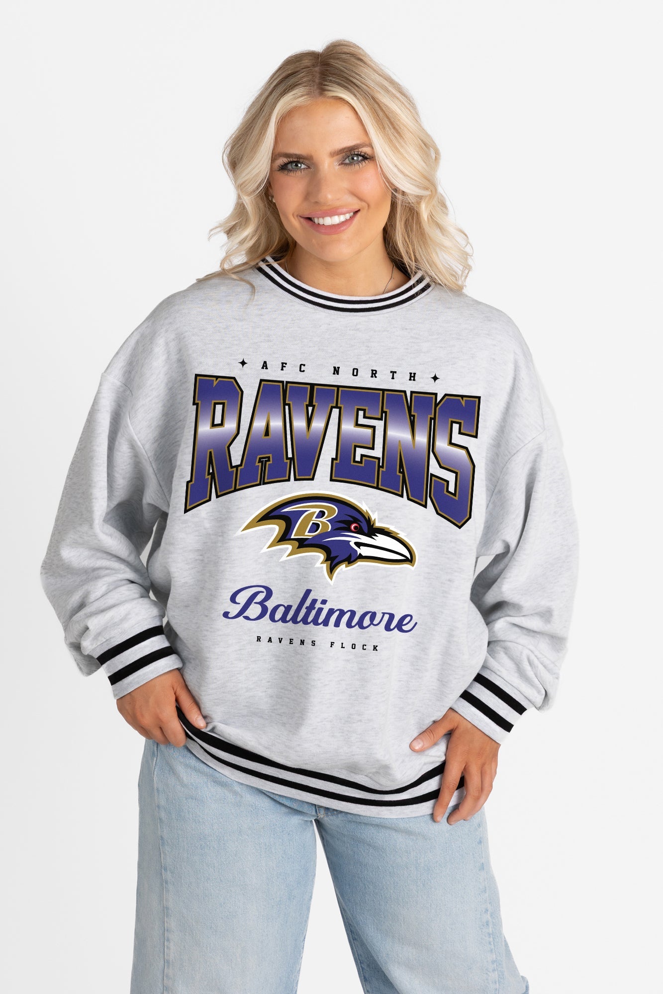 BALTIMORE RAVENS GRIDIRON DRIVE CREW FLEECE RINGER SWEATSHIRT