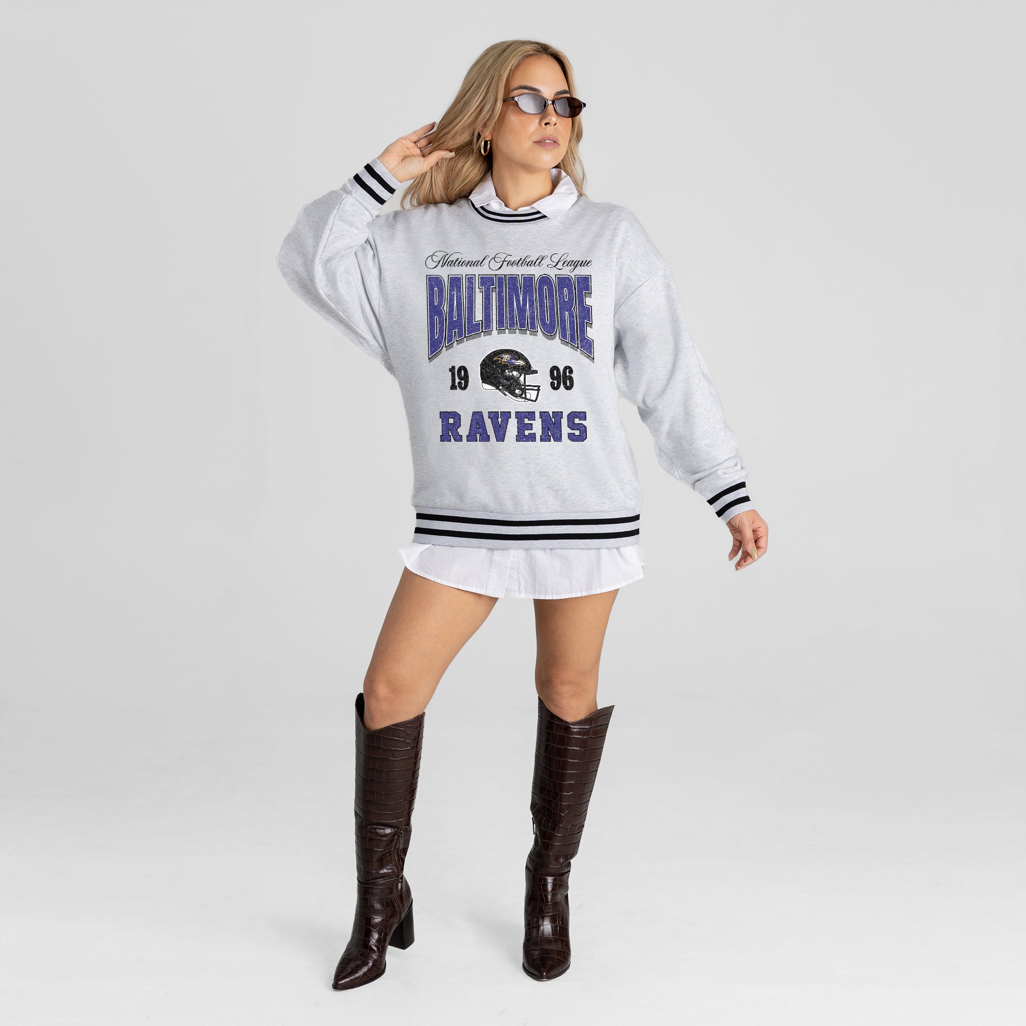 BALTIMORE RAVENS COOL VIBES CREW FLEECE RINGER SWEATSHIRT