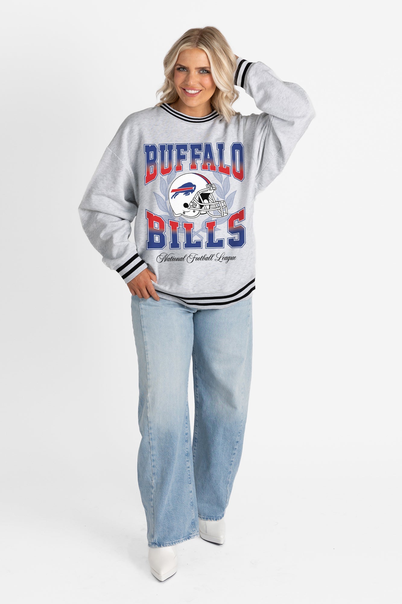 BUFFALO BILLS FADE ROUTE CREW FLEECE RINGER SWEATSHIRT