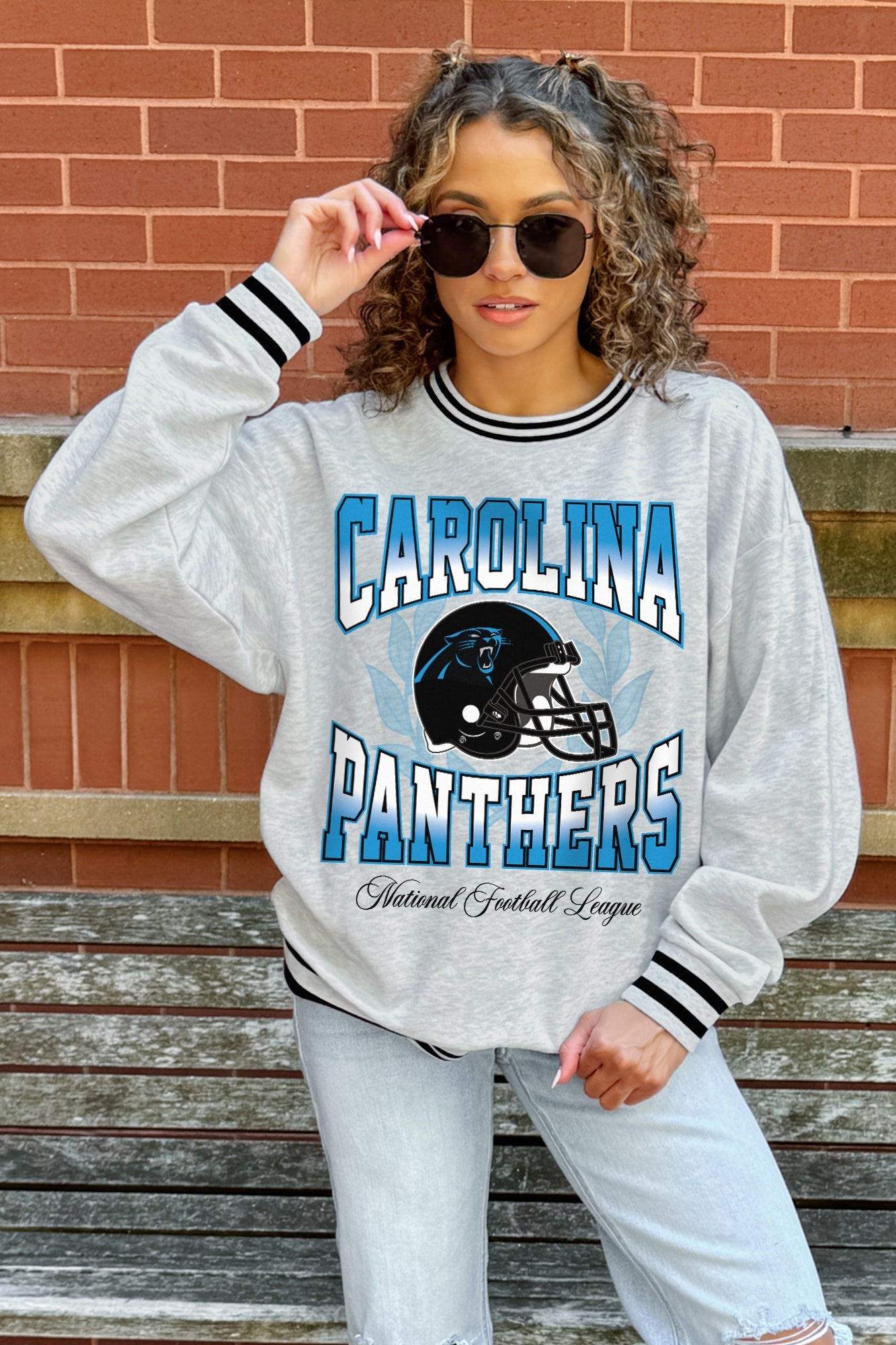 CAROLINA PANTHERS FADE ROUTE CREW FLEECE RINGER SWEATSHIRT
