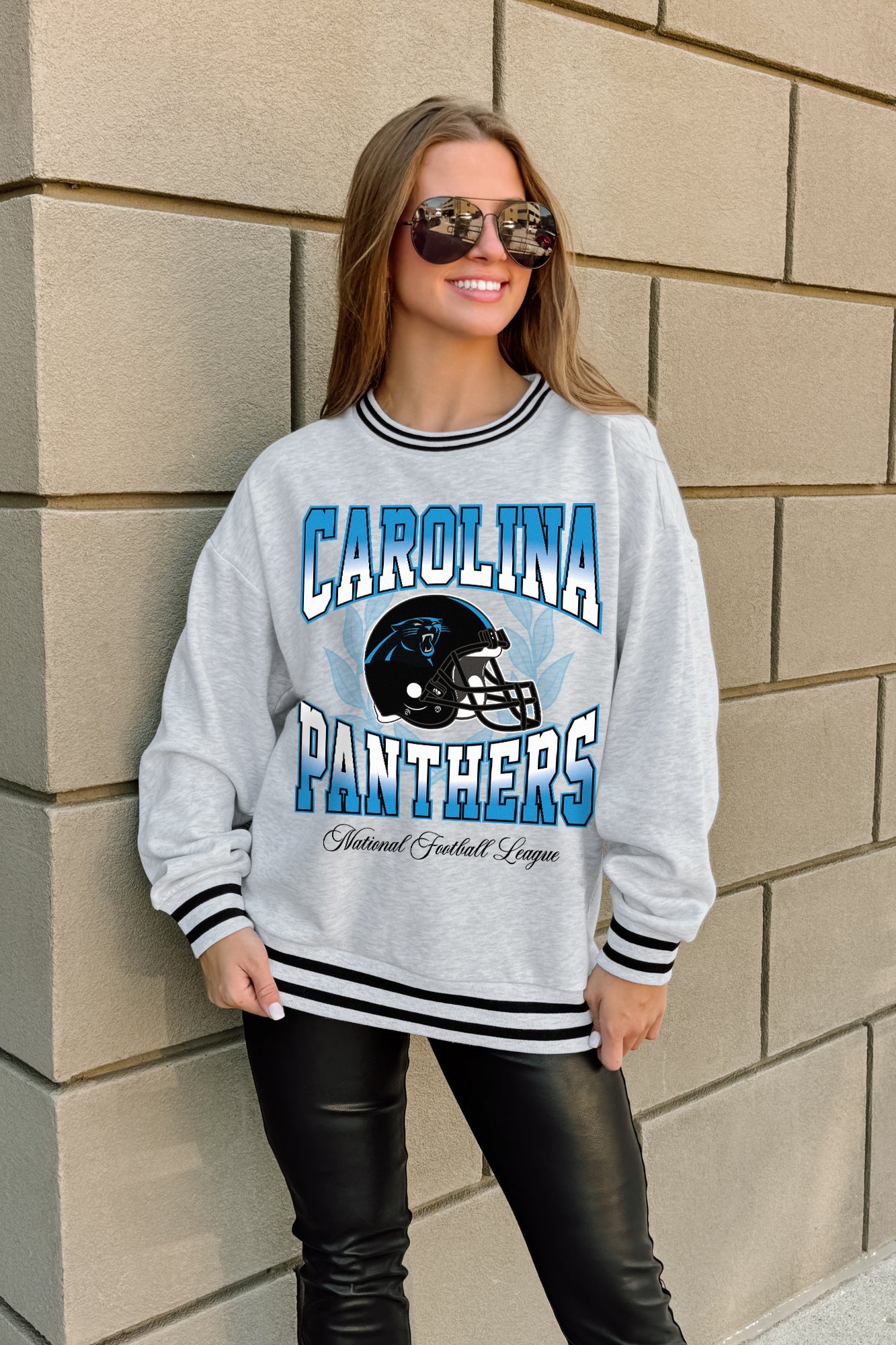 CAROLINA PANTHERS FADE ROUTE CREW FLEECE RINGER SWEATSHIRT