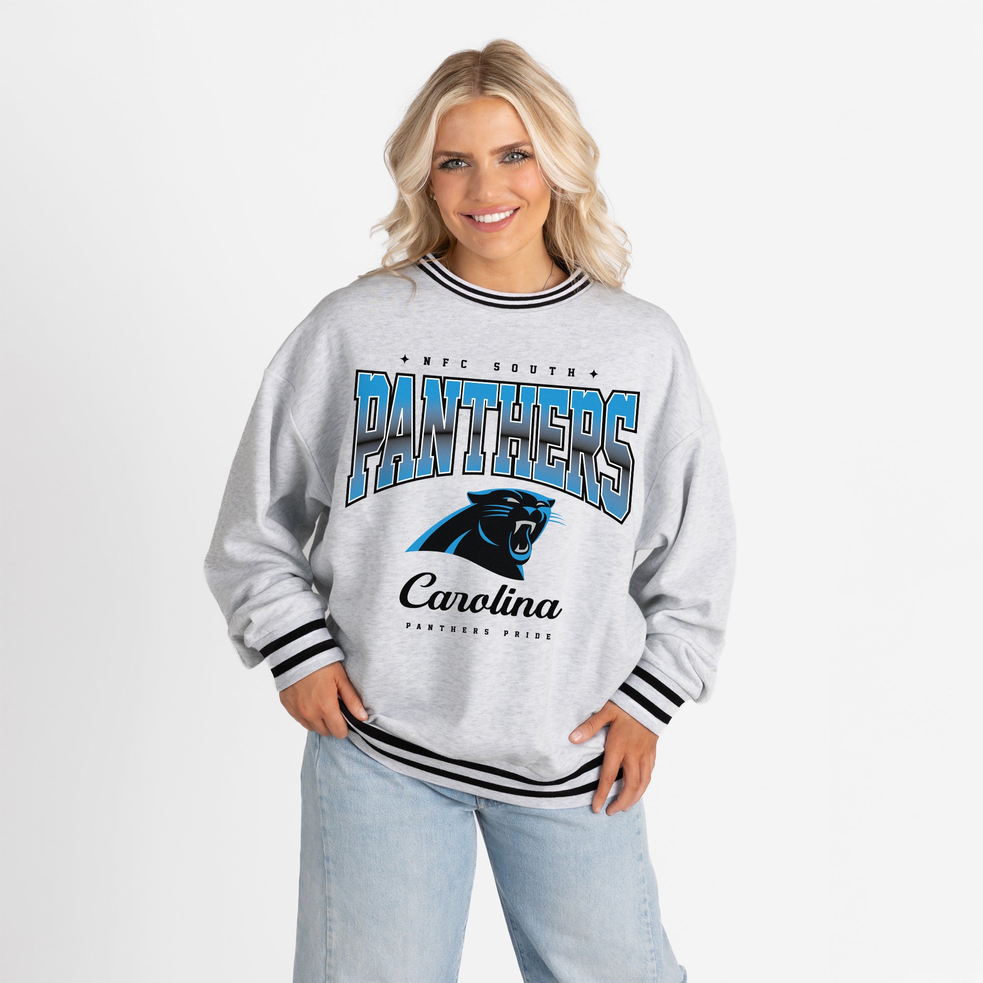 CAROLINA PANTHERS GRIDIRON DRIVE CREW FLEECE RINGER SWEATSHIRT